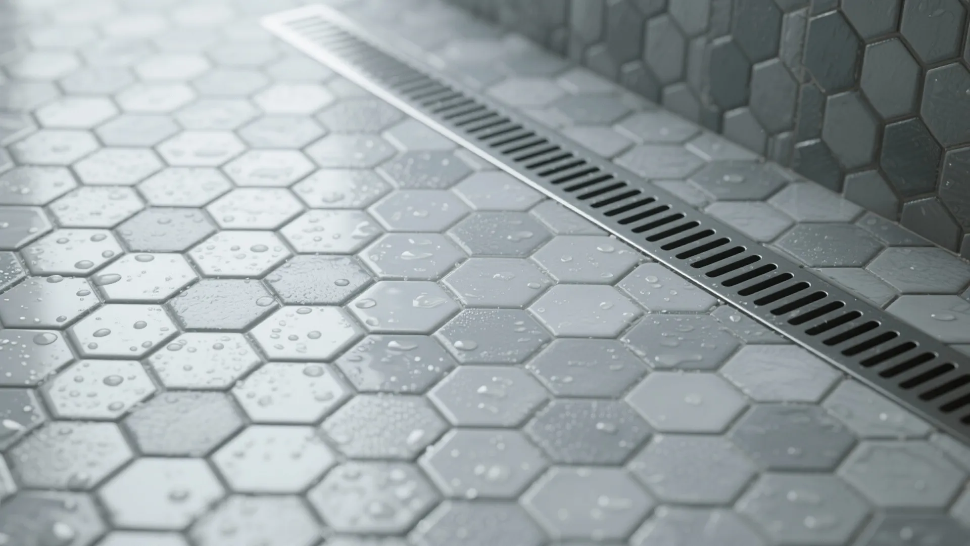 Close up of grey hexagonal floor tiles with water drops and a long metal drain