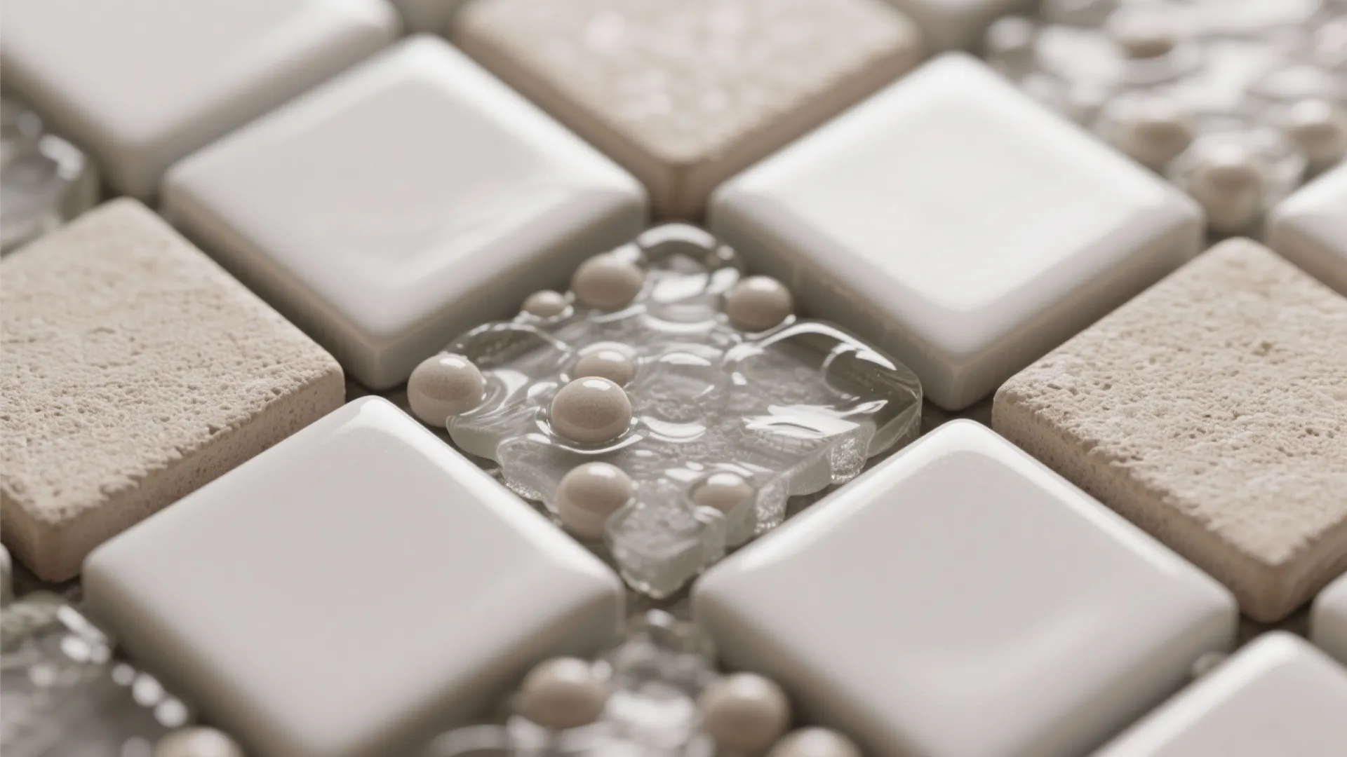 Macro of 2x2 porcelain mosaics with sanded grout and water beads, showing anti-slip micro-texture.