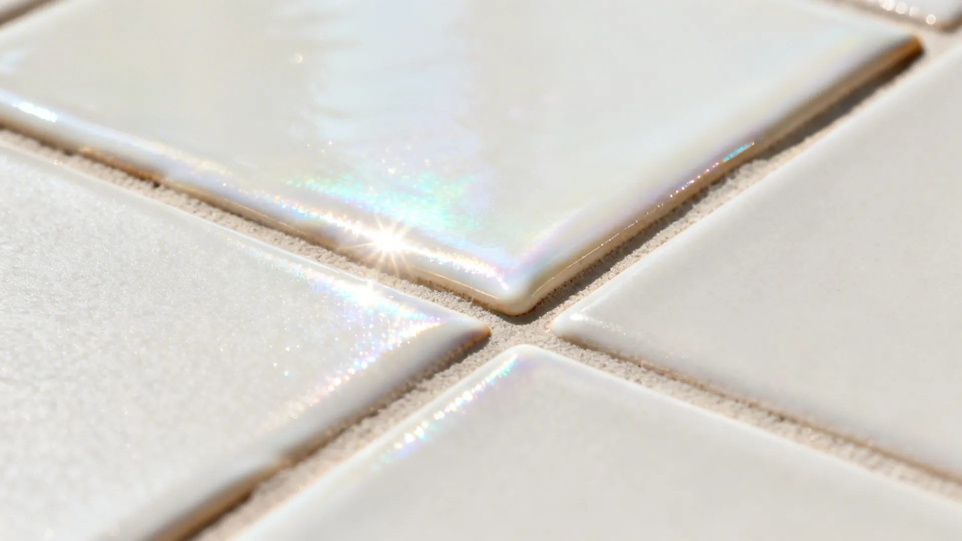Macro of beveled 3D mosaic tiles with pearly glaze and crisp grout lines.