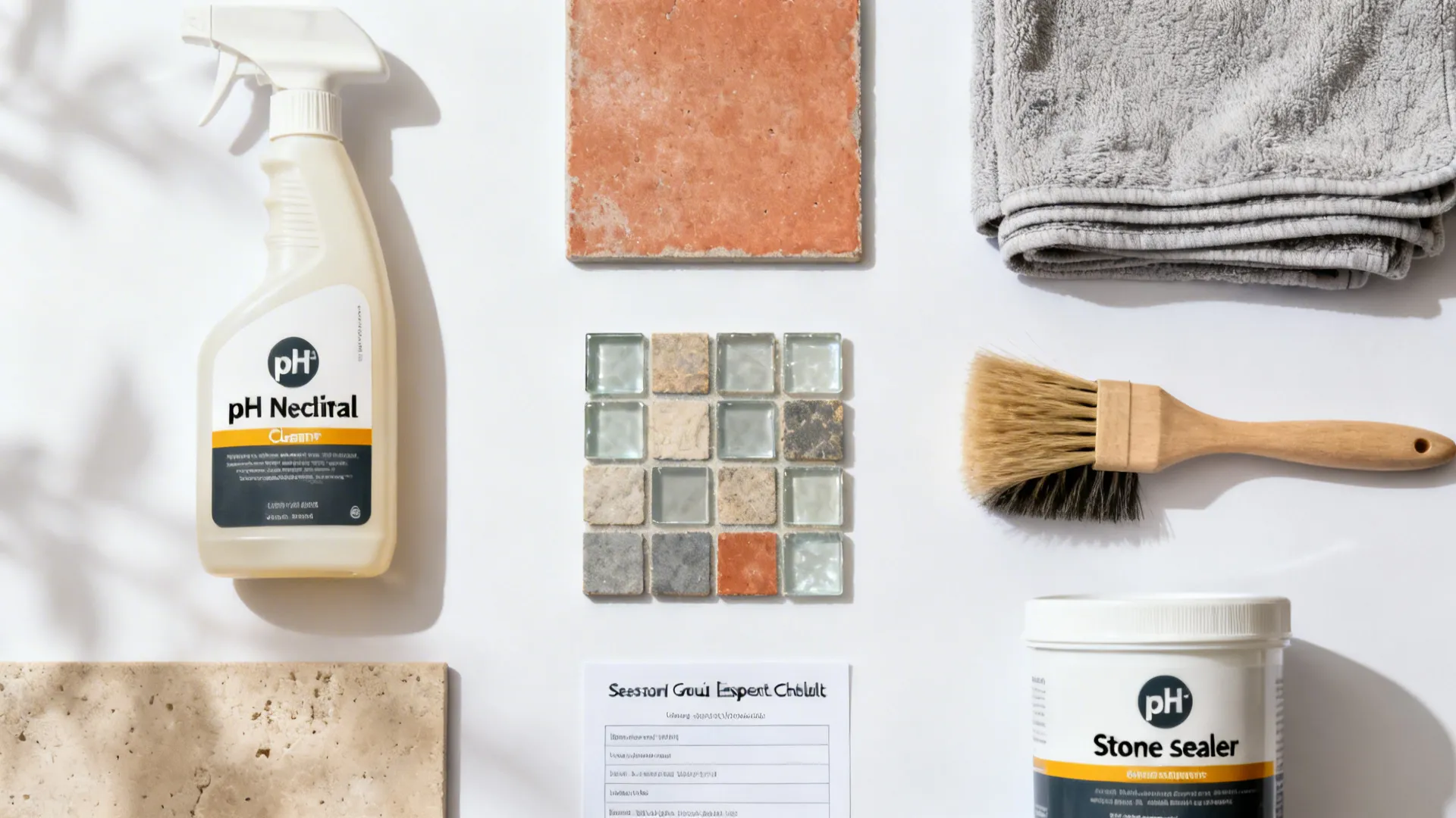 Flatlay of pH-neutral cleaner, soft brush, microfiber towels, and sealer for mosaic care.