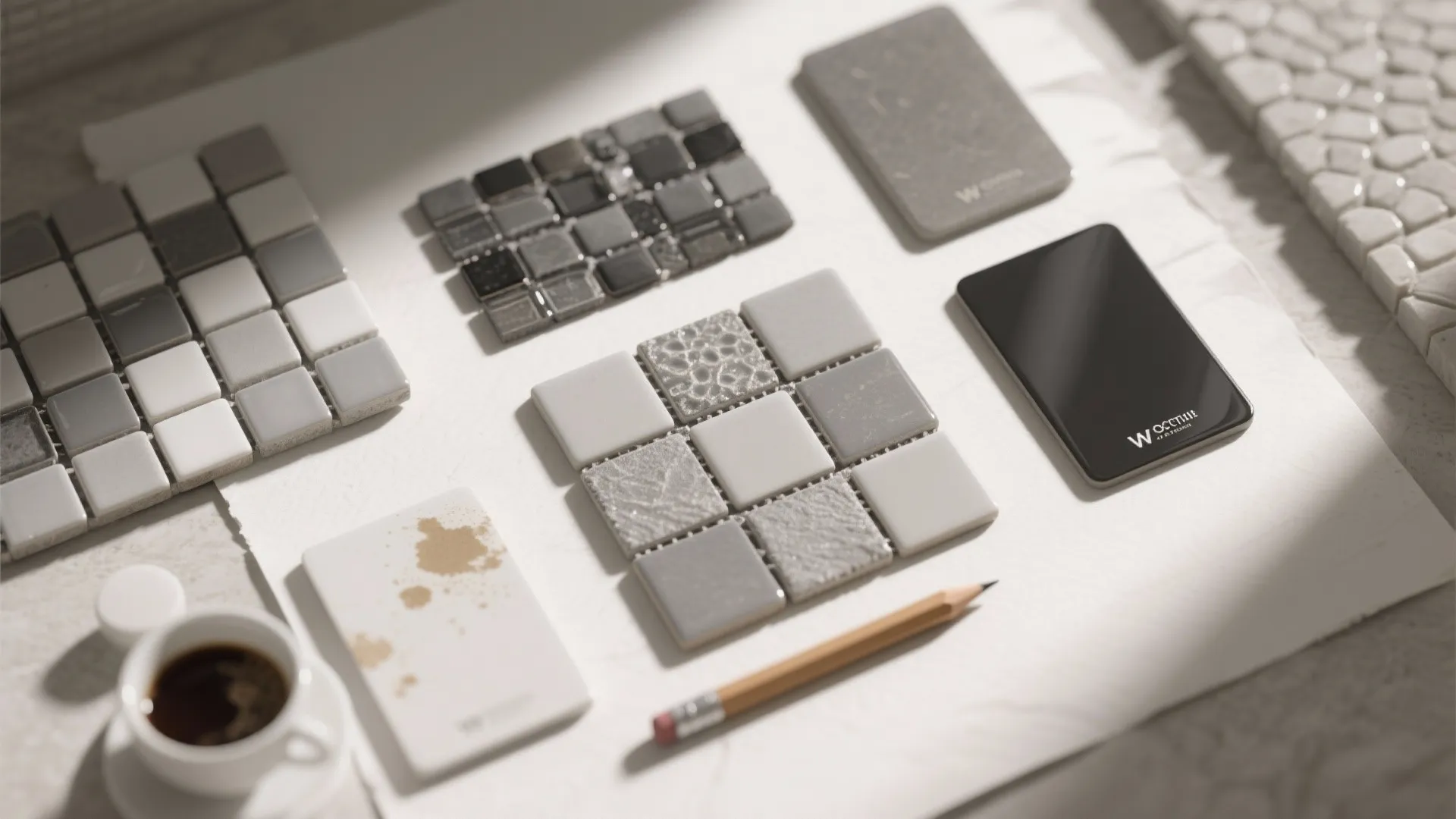 Flatlay of porcelain mosaic sheets, grout swatches, and tile samples with a layout mock-up.