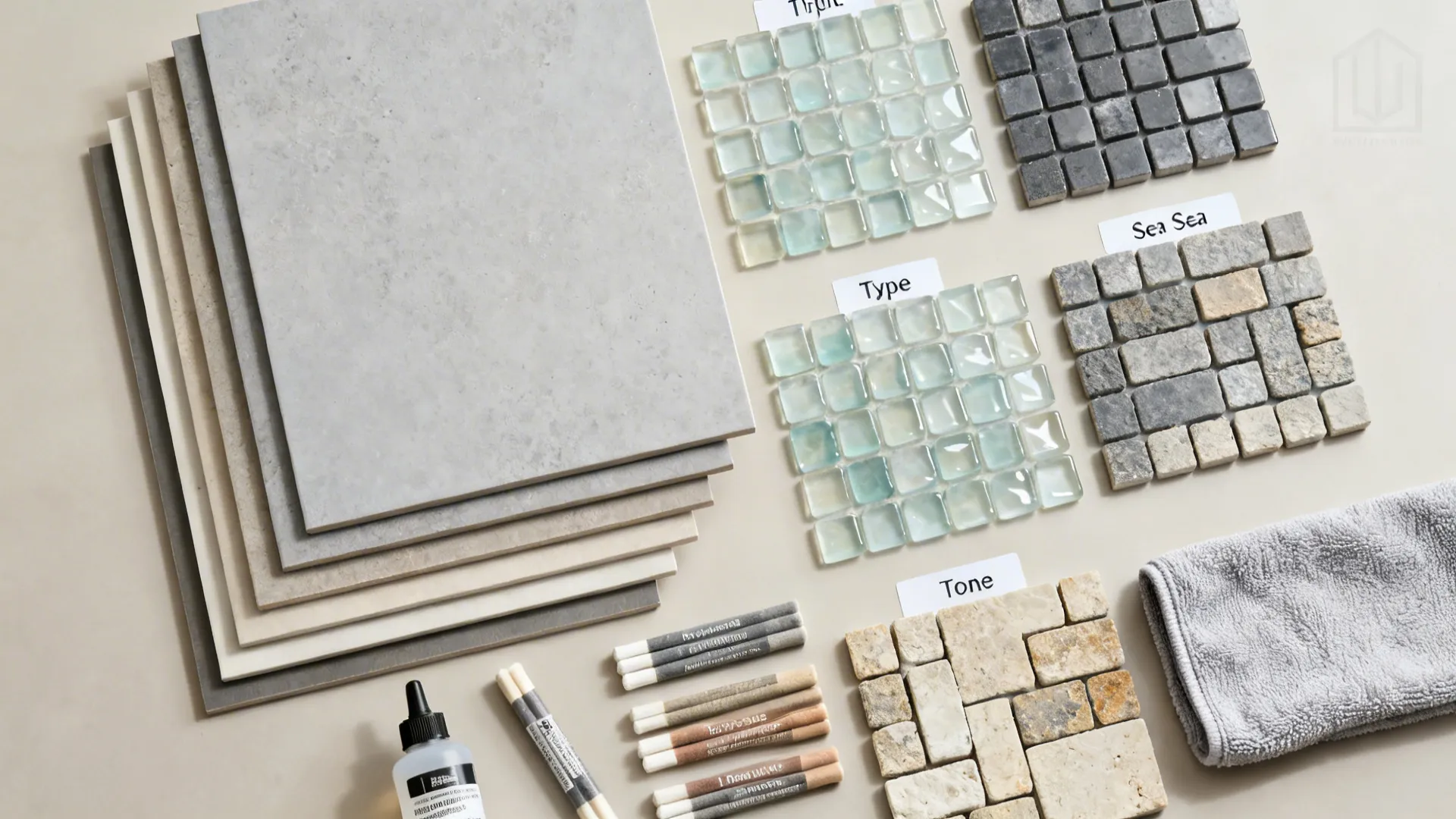 Flatlay of porcelain, glass, and stone mosaic samples with grout options and sealer.
