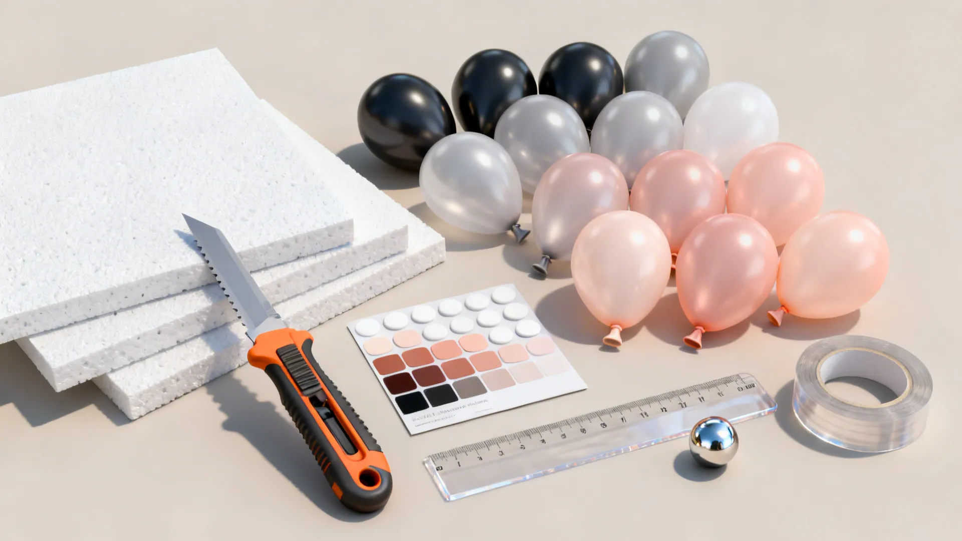 DIY craft materials including colorful balloons foam boards utility knife ruler tape and small stickers