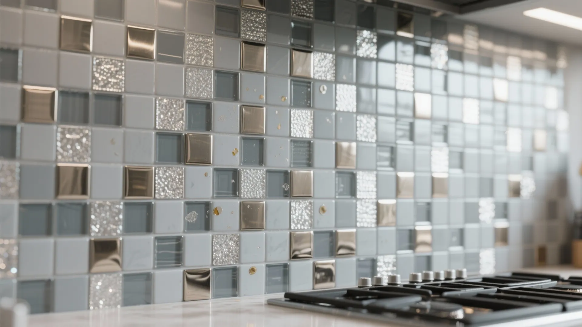 5. Grey Mosaic with Metallic Accents for Brightness