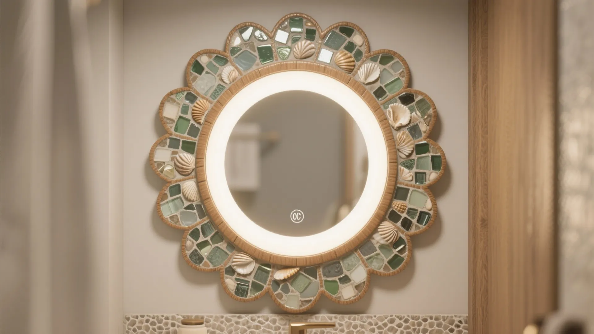 Round bathroom mirror with light and decorative frame made of green glass and small shells