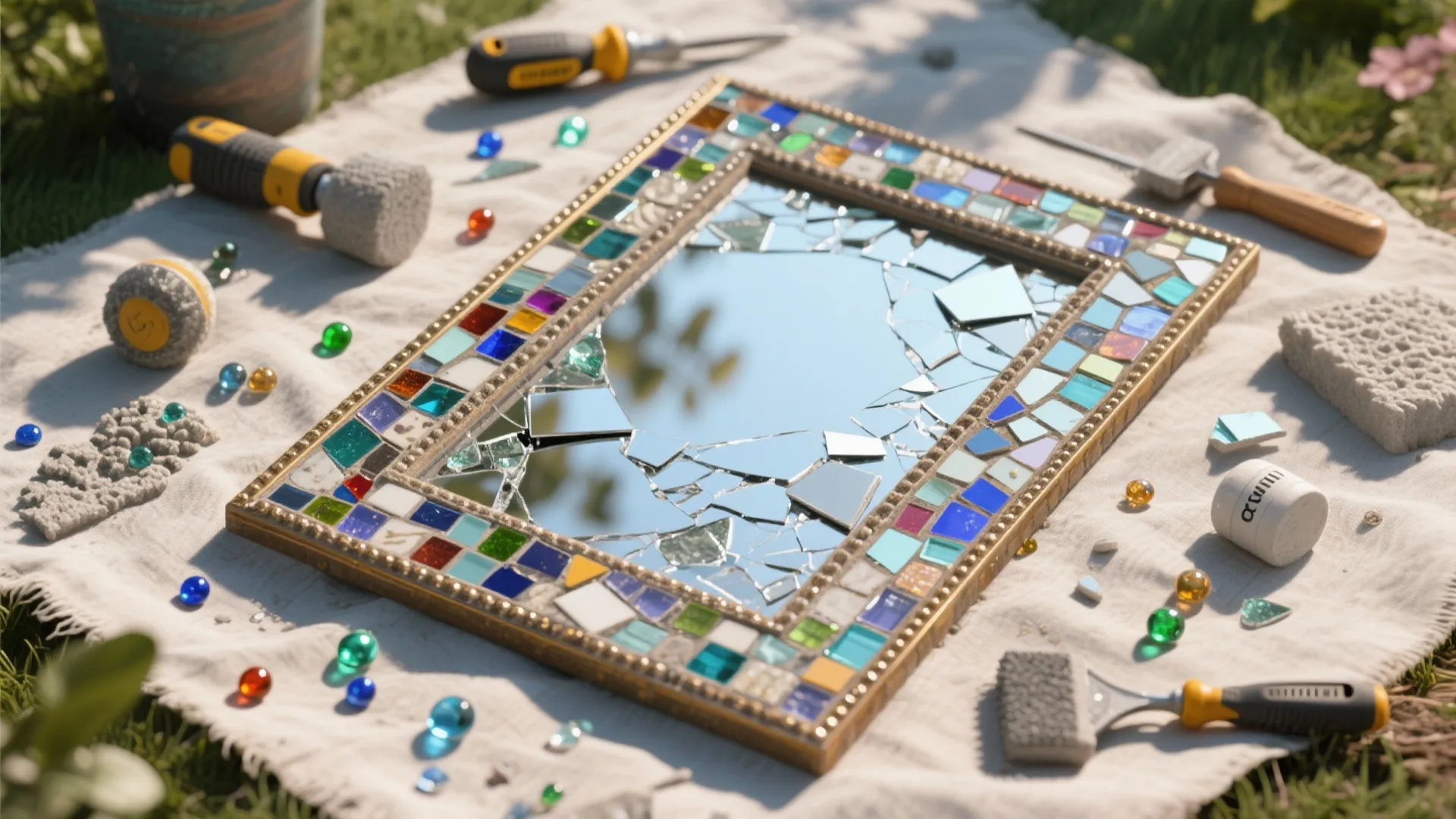 Handmade mosaic mirror frame being decorated with colorful glass pieces and craft tools on white cloth