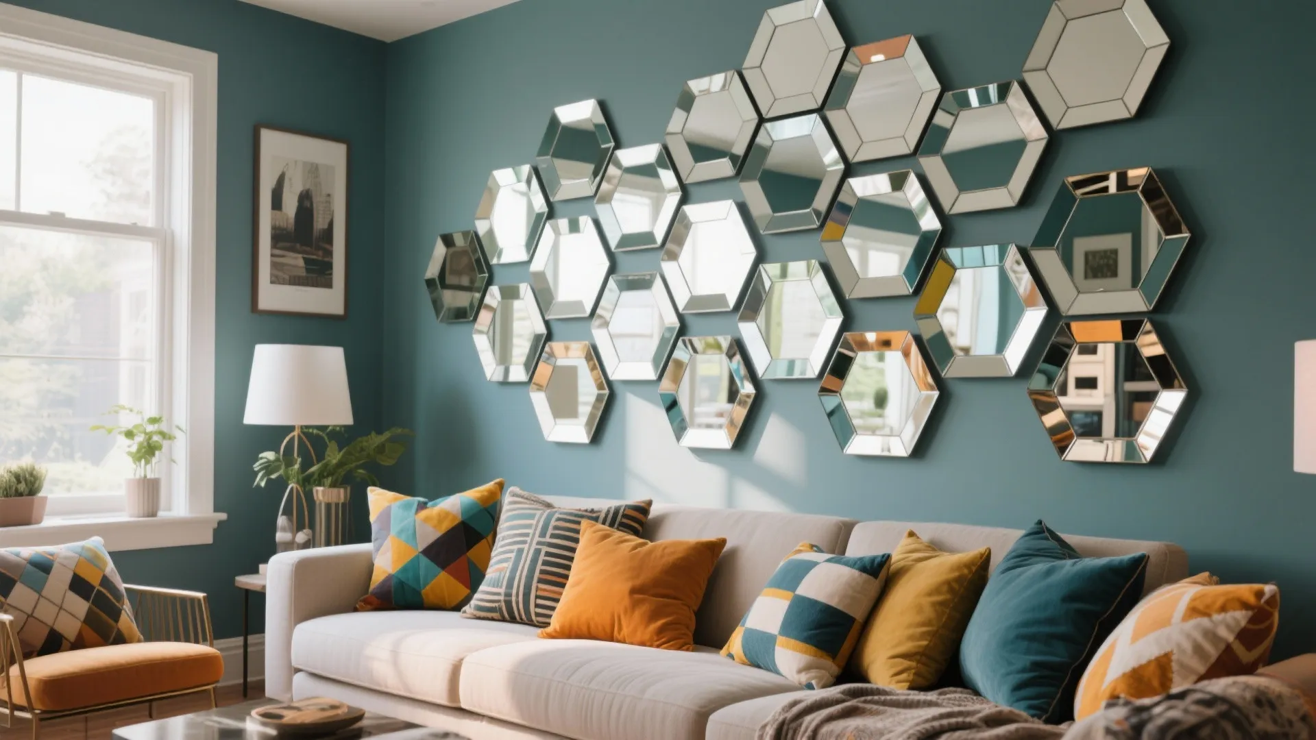 Hexagonal mosaic mirrors creating art in a living room corner