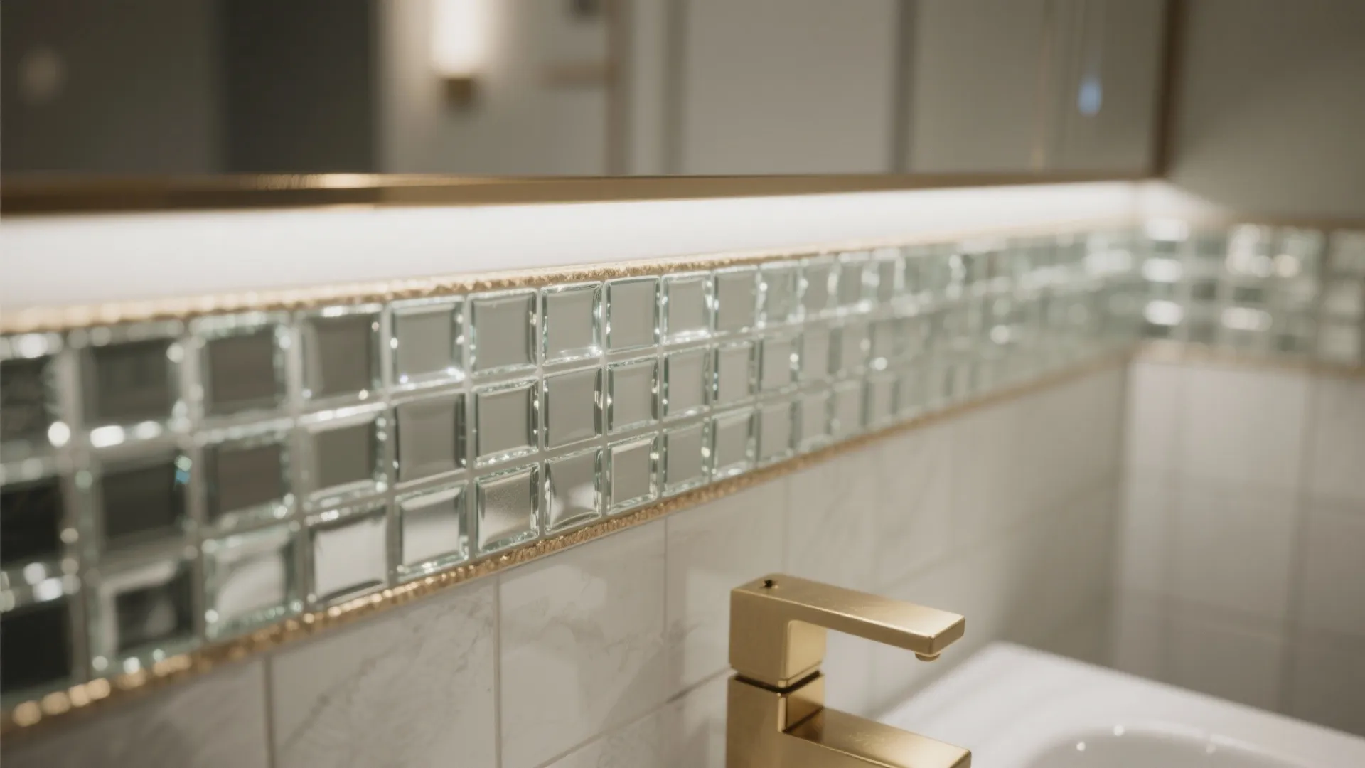 Macro detail of mirrored glass mosaic accent band with crisp grout and soft daylight reflections.
