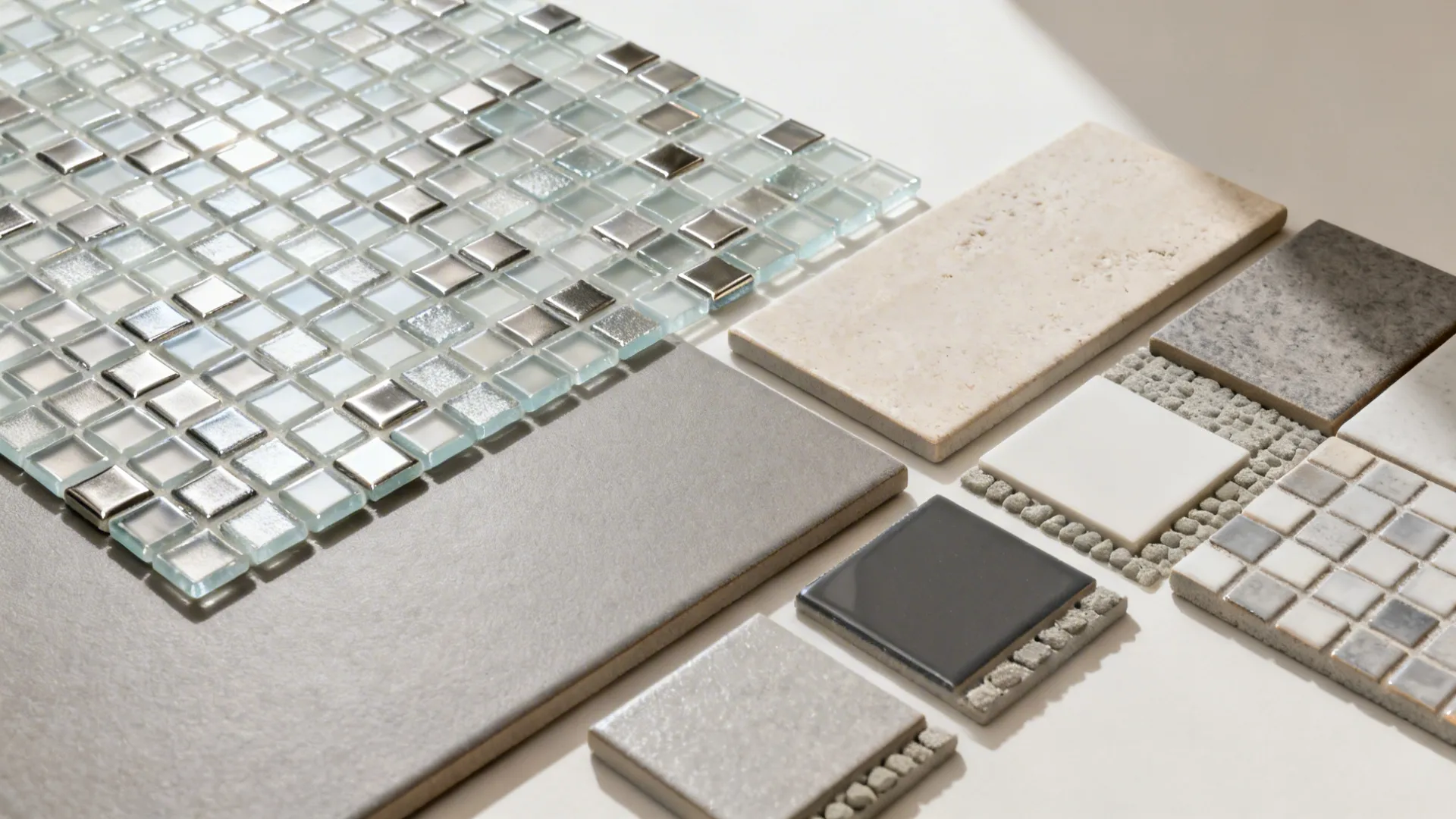 Flatlay of mosaic sheets with metallic and satin finishes beside matte field tiles.