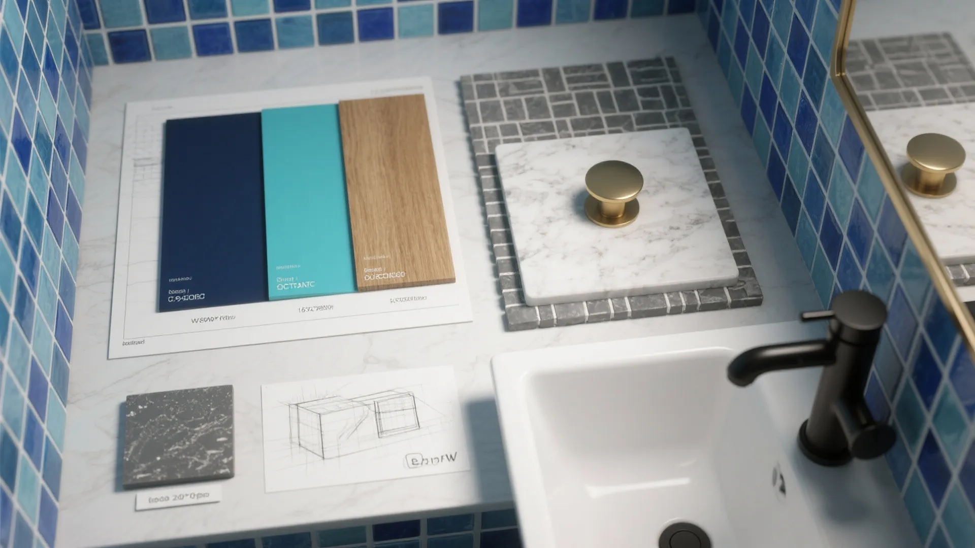 Flatlay moodboard of blue mosaic swatches, grout, quartz and hardware samples