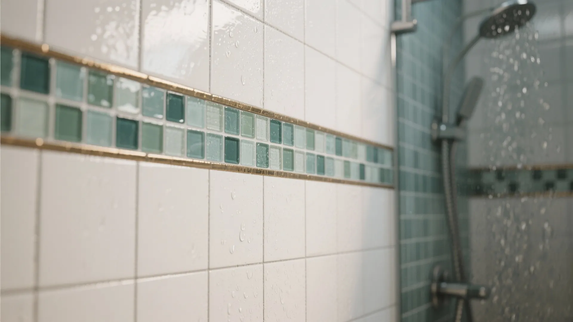 Modern bathroom shower area with white wall tiles and decorative green mosaic border with water drops