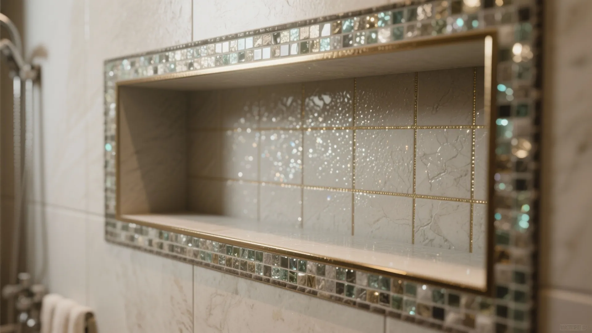 Close up of a shower wall shelf with mosaic tile border gold trim and lighting