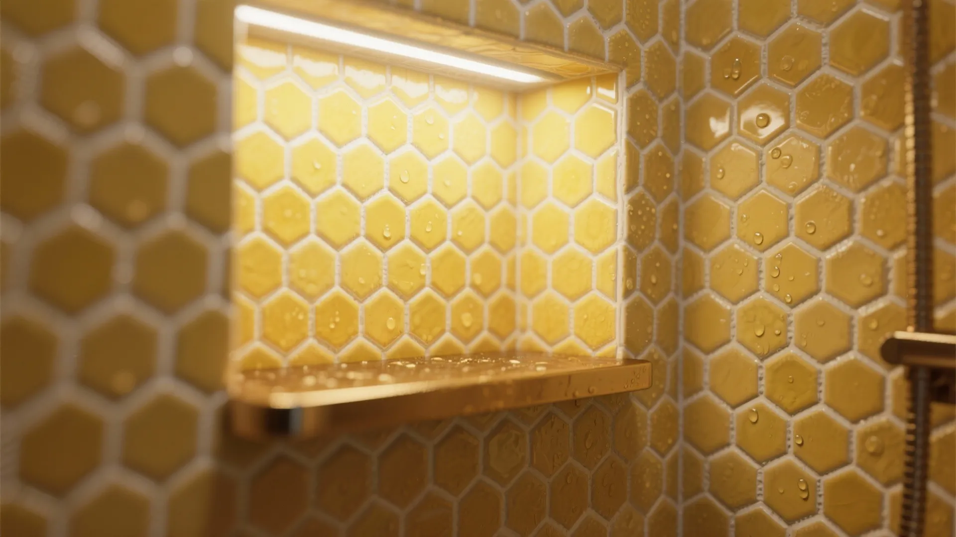 Close up of yellow hexagon wall tiles with small wall shelf and built in light fixture