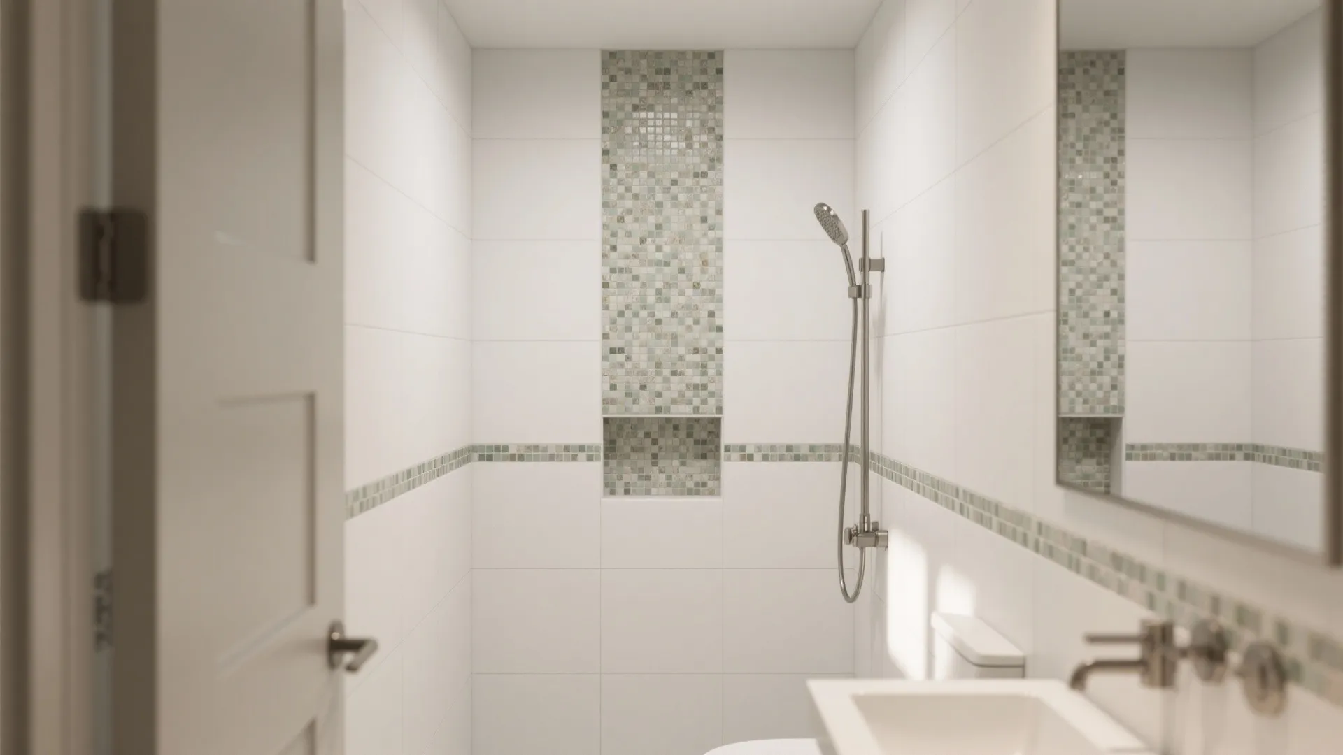 Bright bathroom featuring white wall tiles green mosaic details silver shower head and white sink