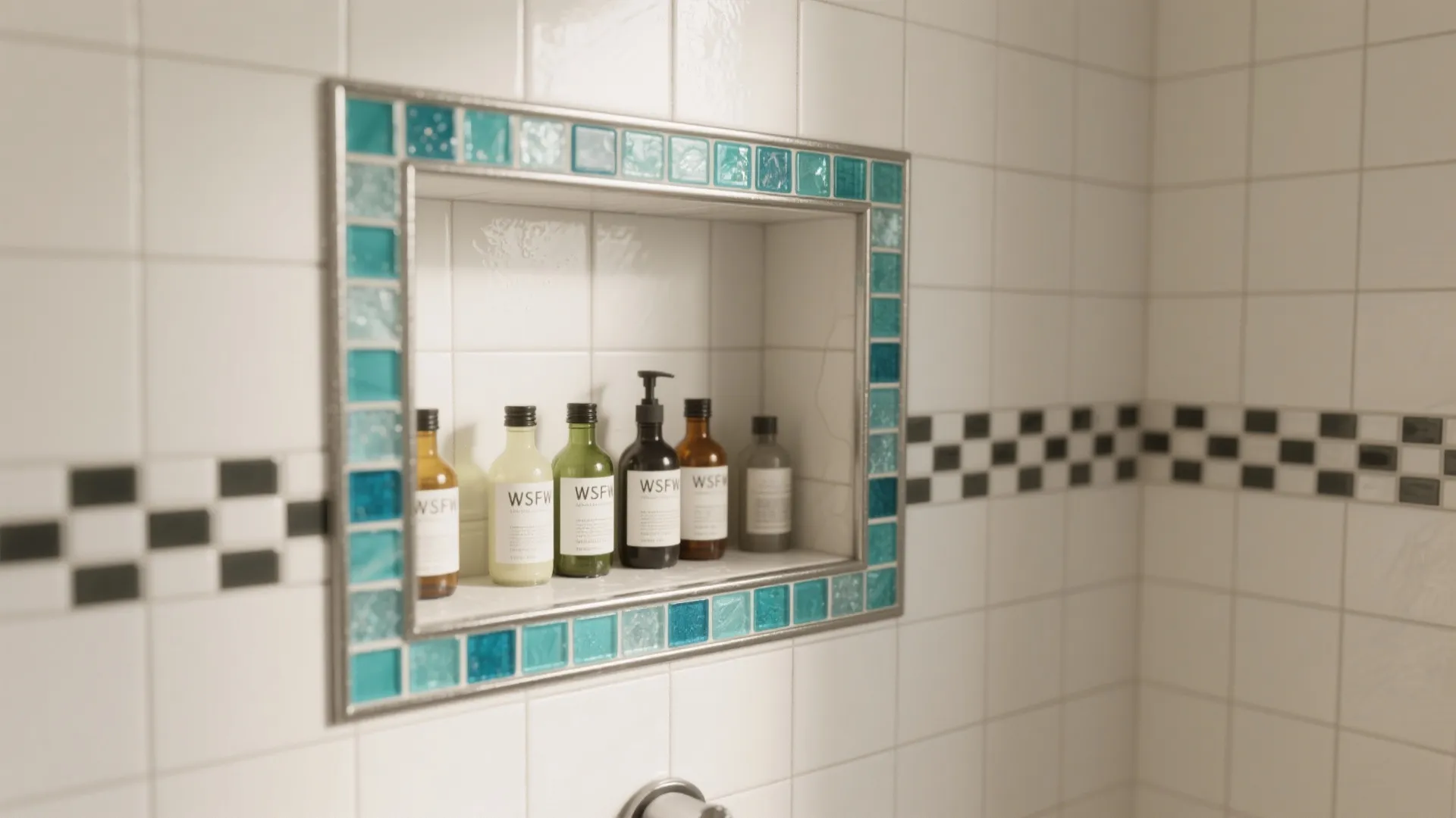Small wall shelf with blue tiles holding several bathroom bottles against a white tiled wall