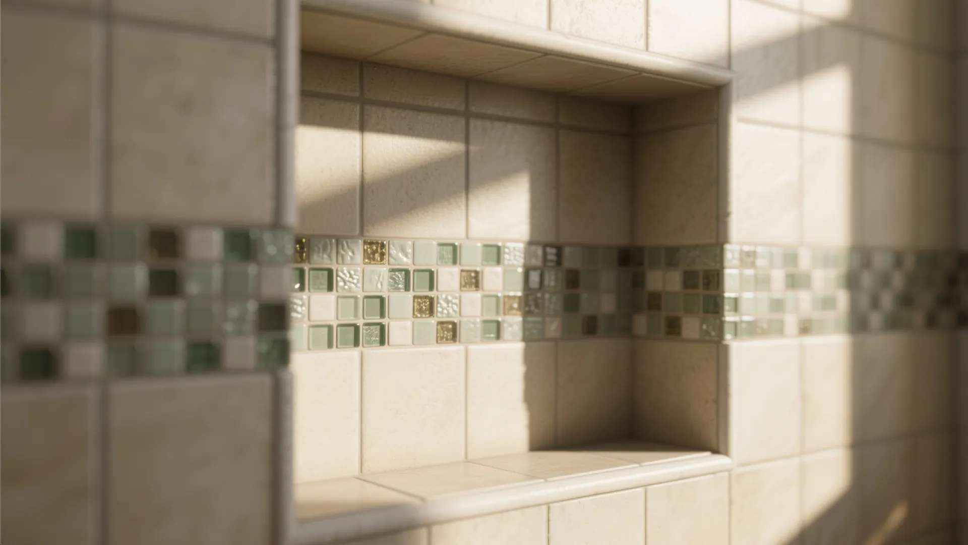 Built in wall shelf with beige tiles and colorful small mosaic pattern in bright natural light