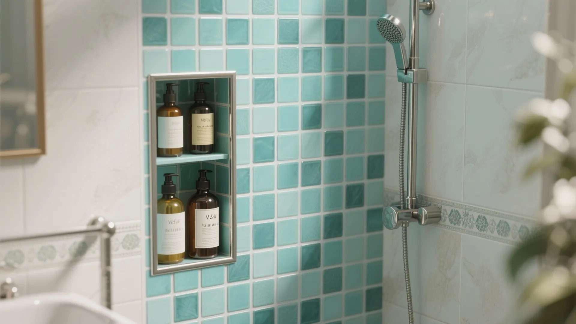 Shower wall with blue mosaic tiles and a small shelf holding four brown soap bottles