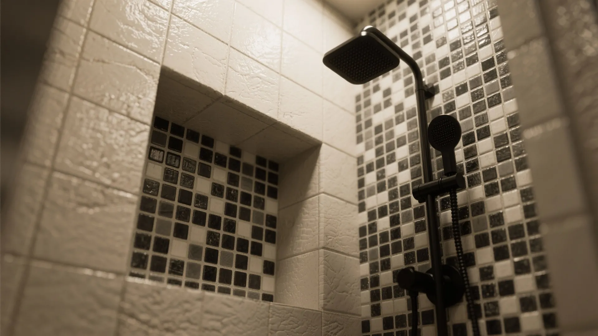 5. Monochrome Mosaic Shower Niche