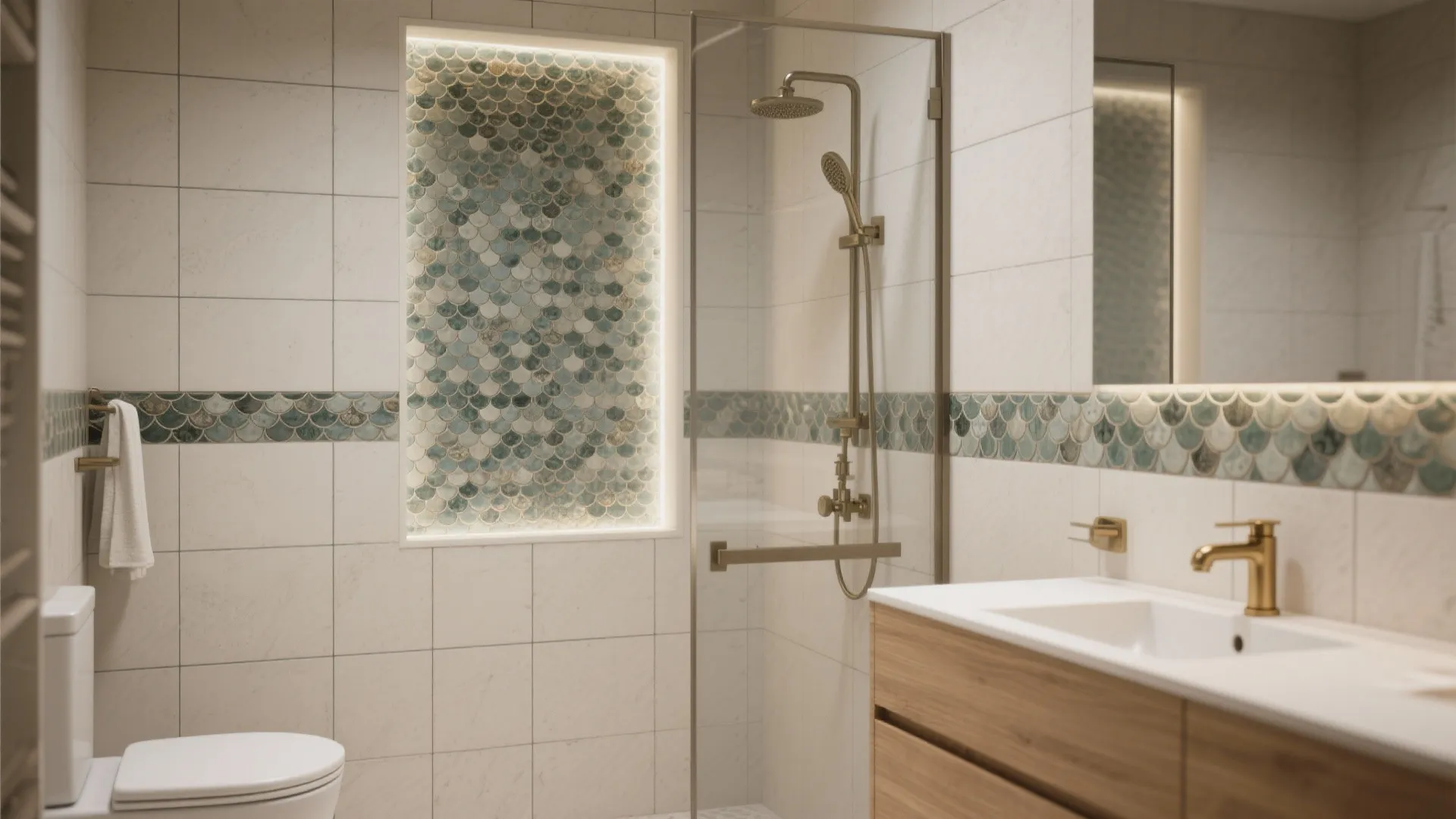 Bathroom interior showing teal fish scale tile wall shelf, glass shower, wood cabinet, and faucet