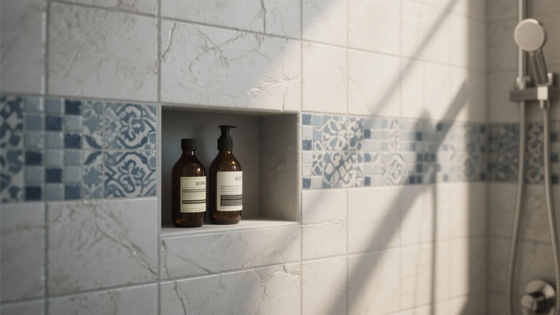 Bathroom wall niche with mosaic tiles holding two brown bottles next to silver shower head