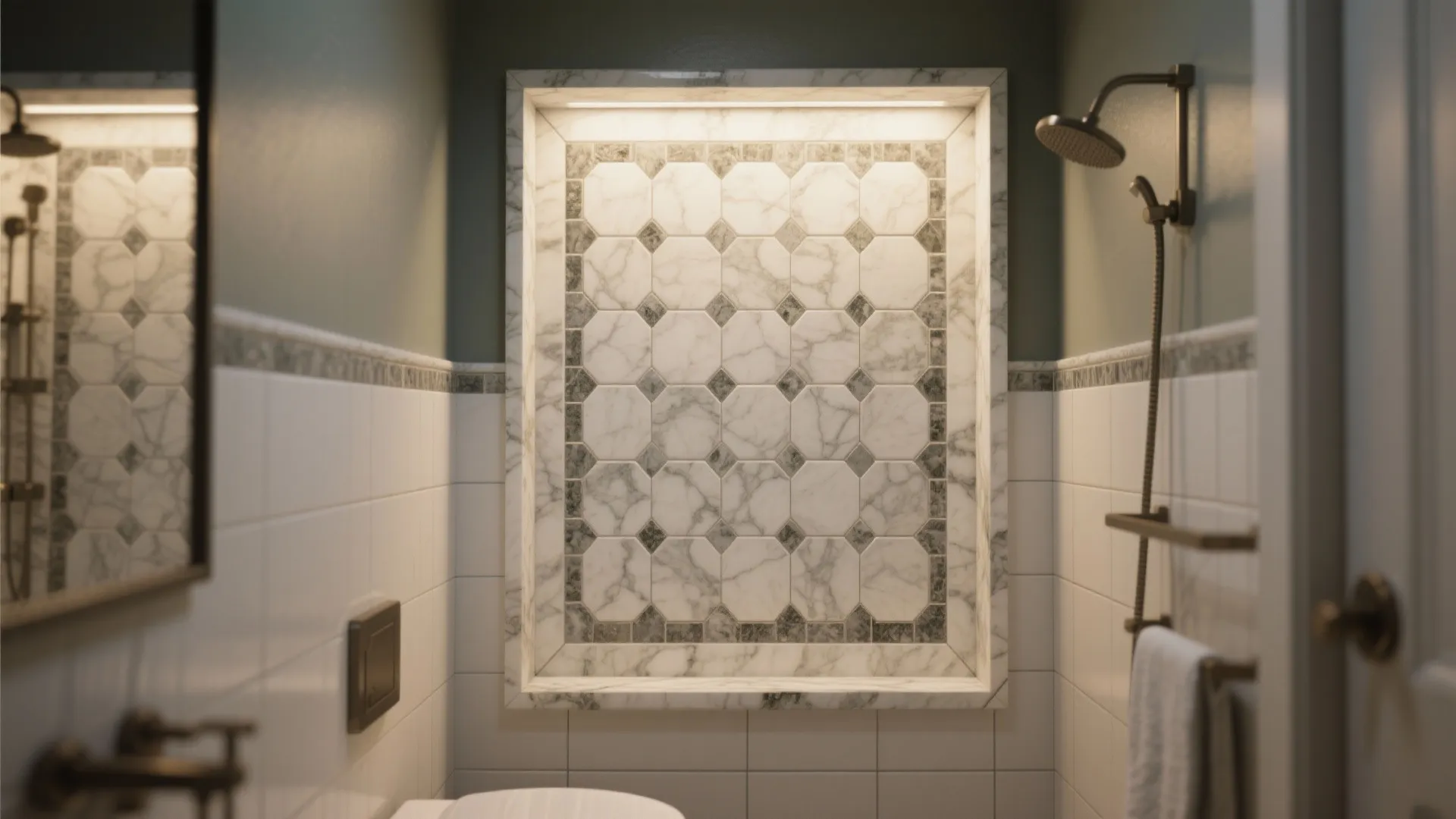 Shower niche with 2-inch hex Carrara marble mosaic framed by pencil trim and plain field tiles.