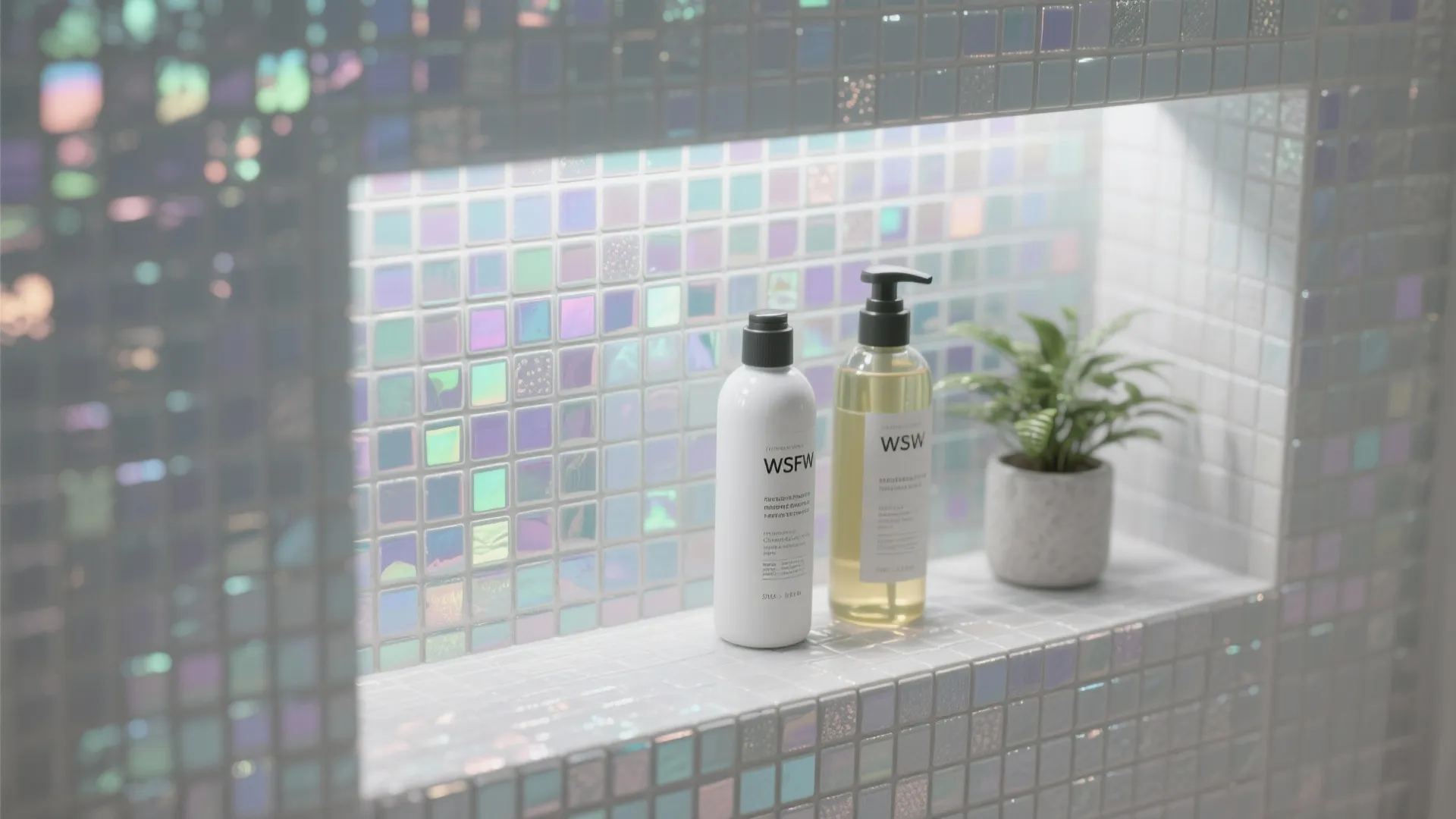 Shimmering mosaic tile wall niche with two white soap bottles and a small green plant