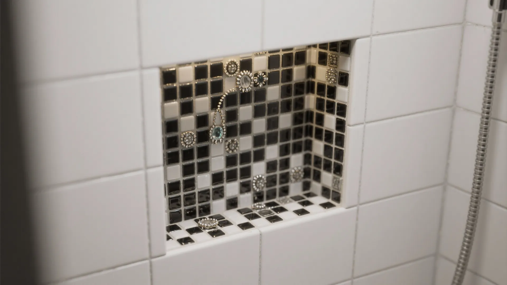 4. Monochrome mosaic niche and white field tiles