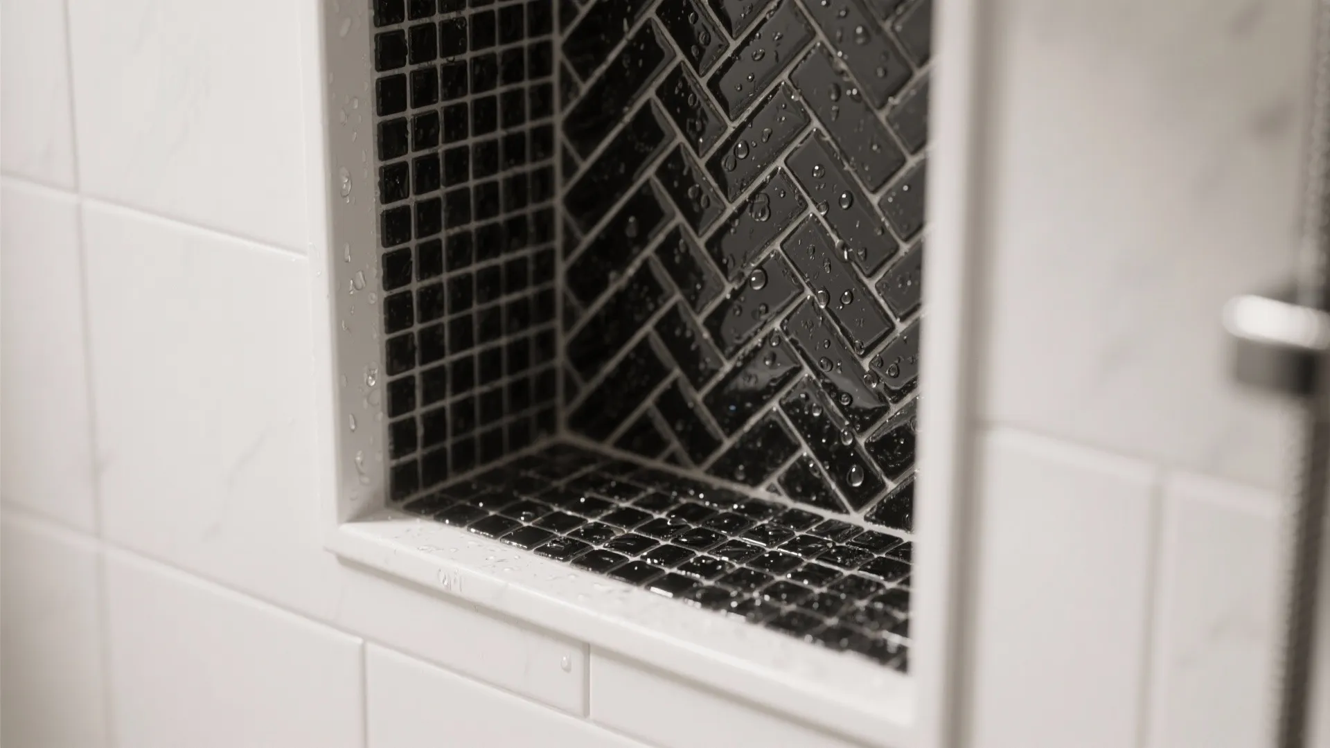 Monochrome mosaic in the shower niche