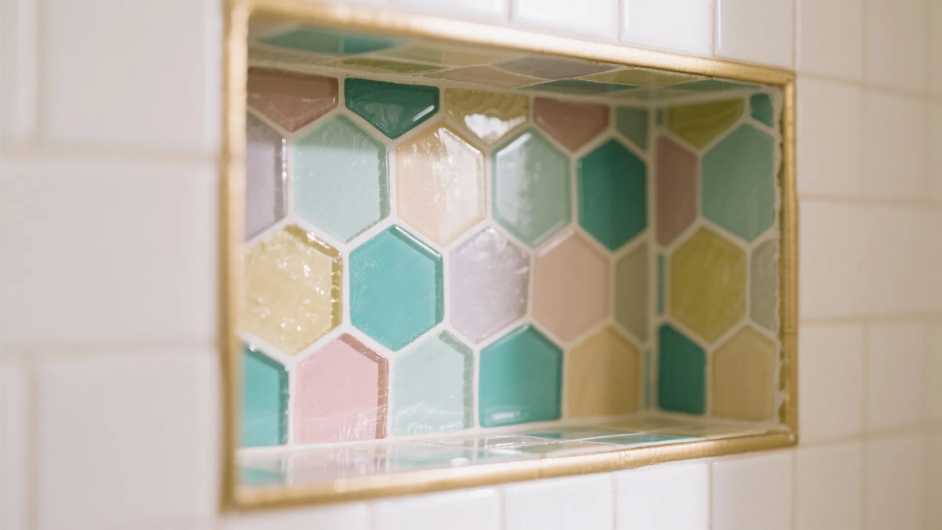 Colorful hexagon wall tiles inside a small wall shelf with gold trim in a bathroom