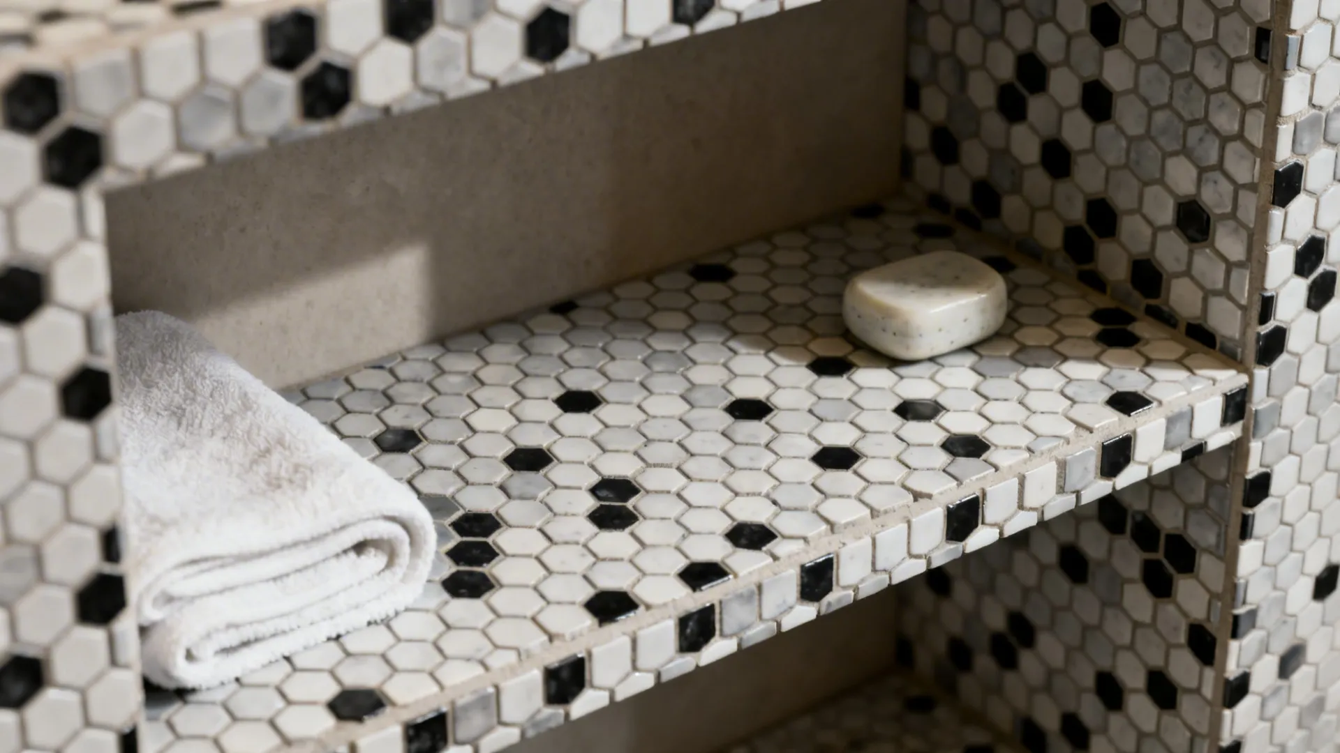 Hexagonal black-and-white mosaic tiles in a recessed bathroom niche with textured grout.