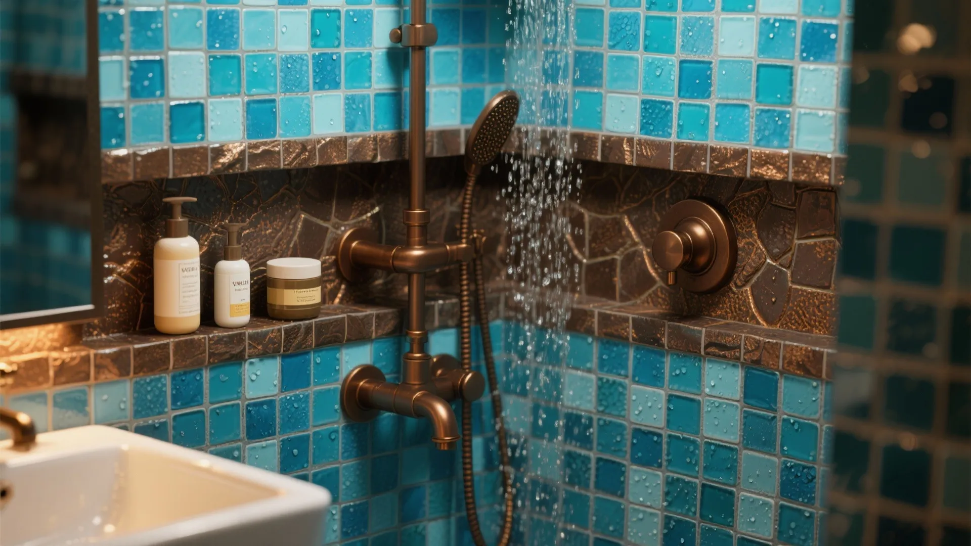 5. Blue Mosaic Niche + Brown Matte Fixtures