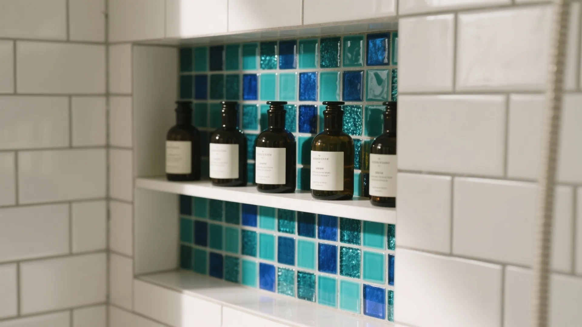 Blue small square tiles inside a bathroom wall shelf with white tiles and dark glass bottles