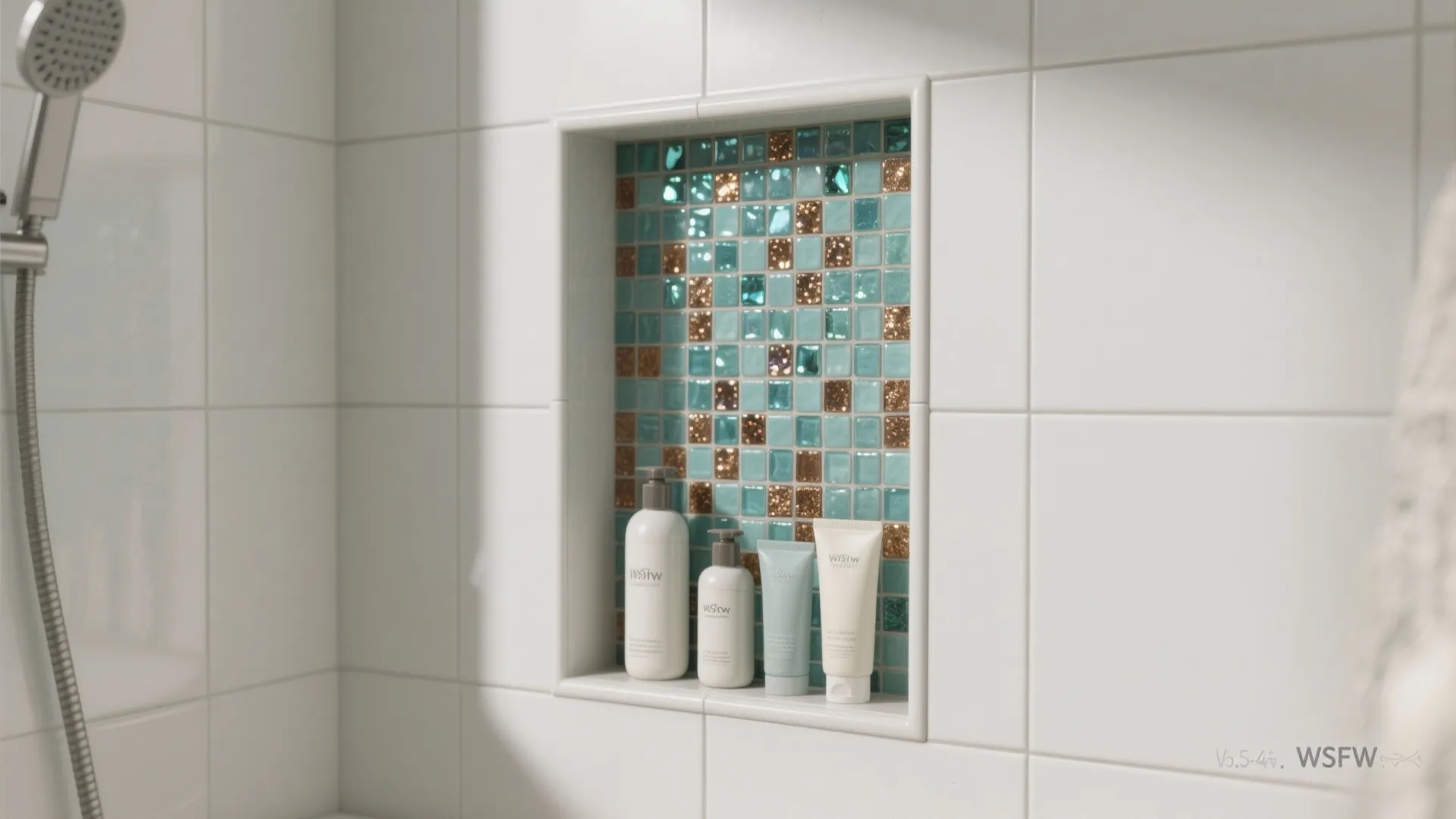 White bathroom wall niche with blue and gold mosaic tiles holding four small white bottles