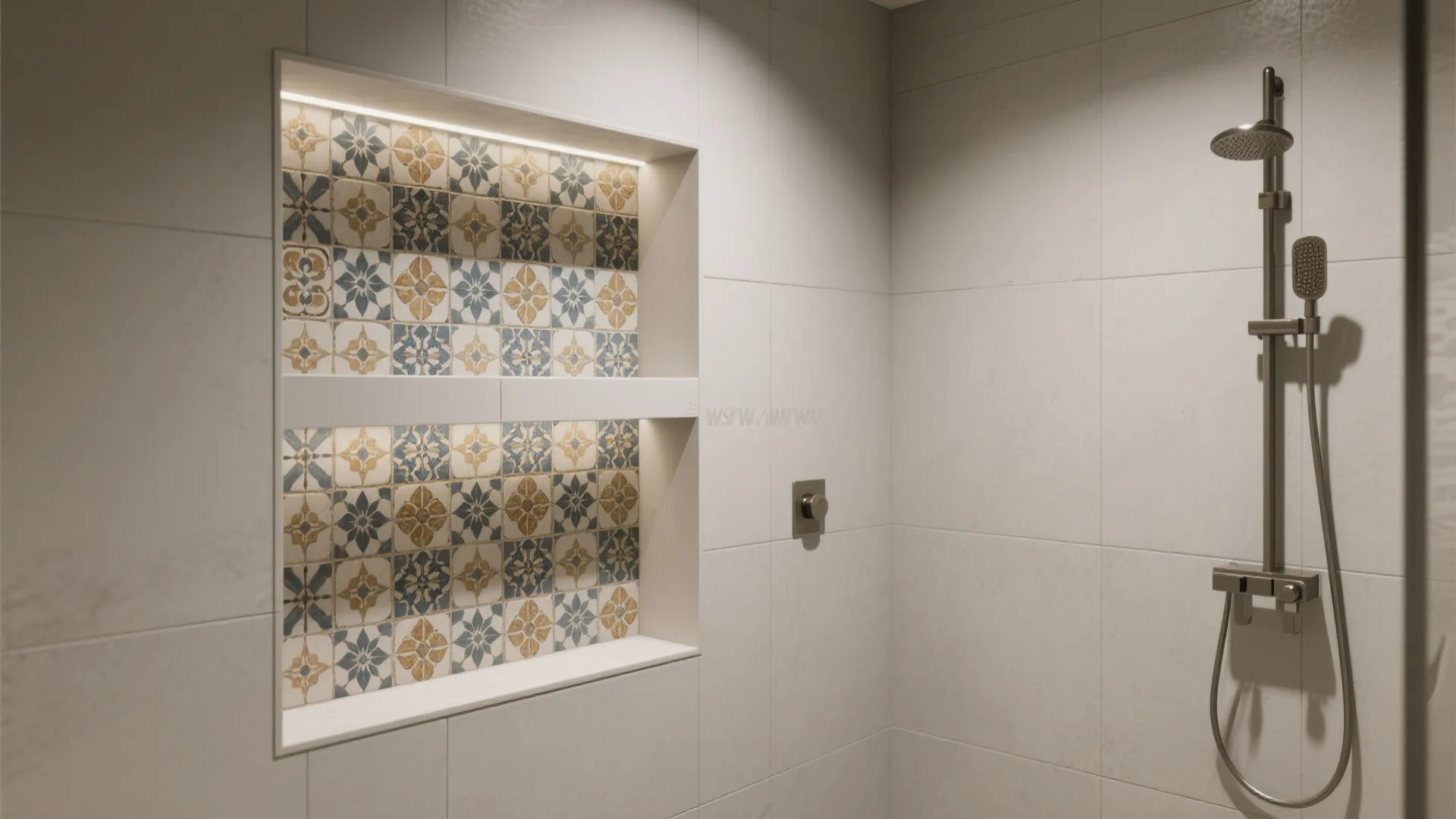 Shower area with silver handheld head and wall storage space decorated with blue patterned tiles