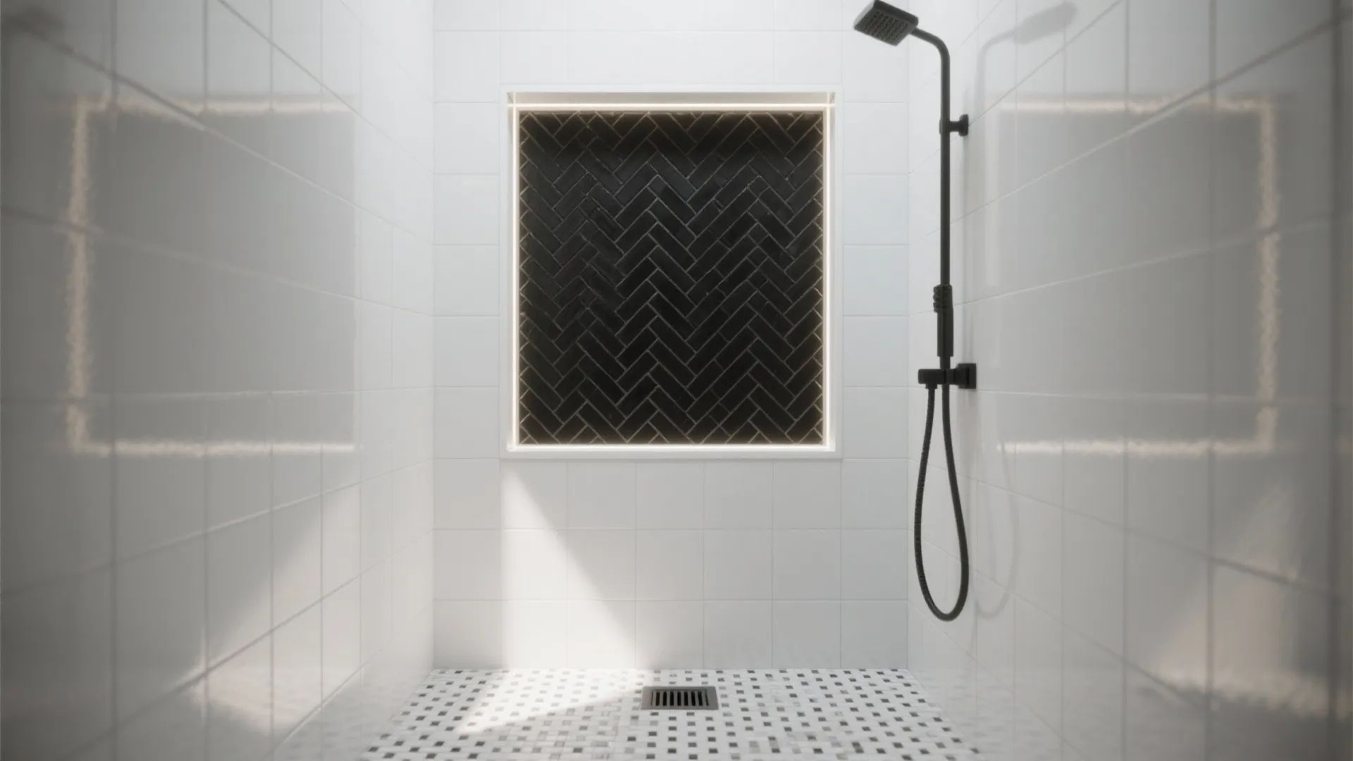 Monochrome mosaic in the shower niche