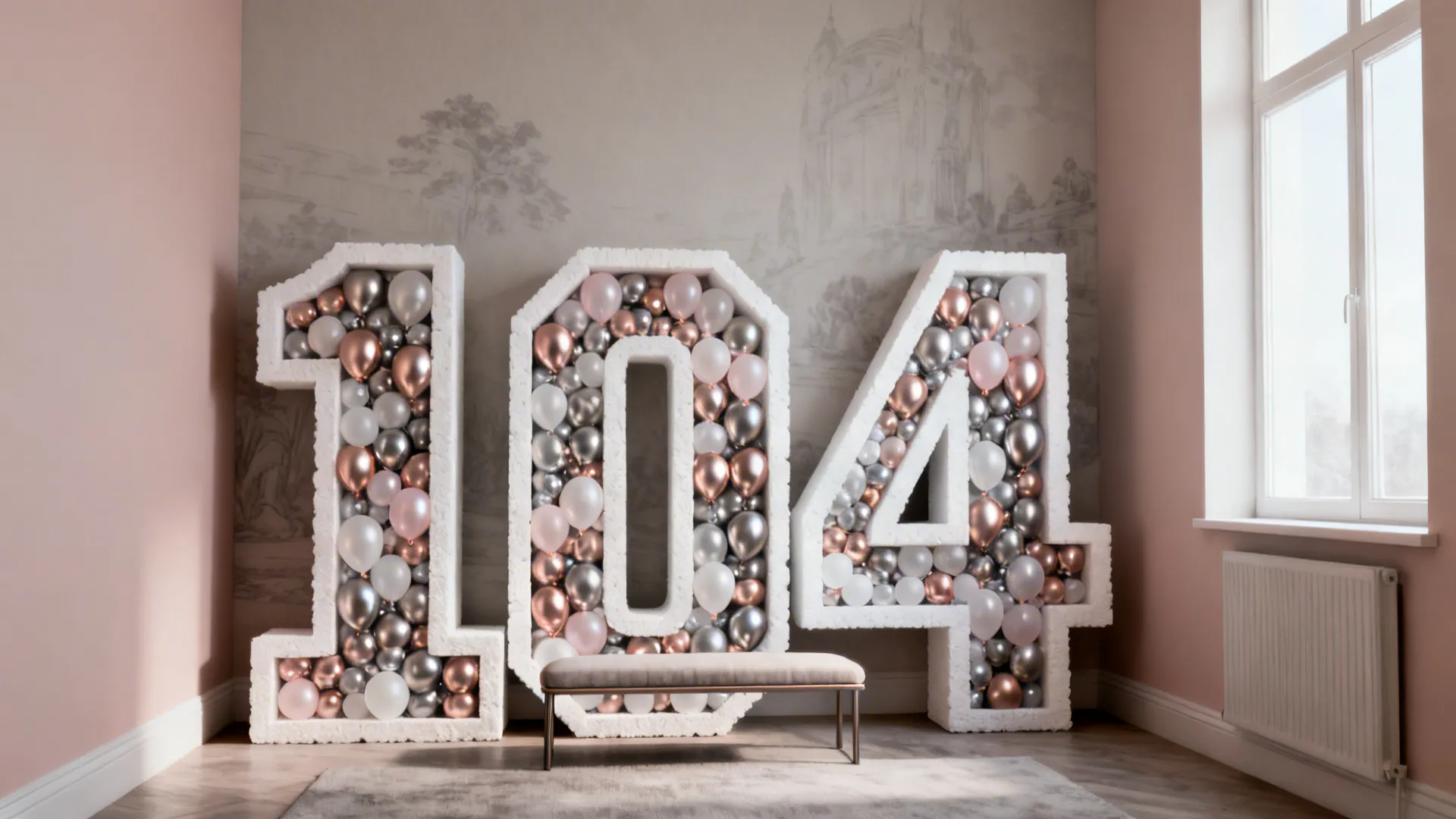 Large white number one zero four frames filled with pink and silver balloons inside room