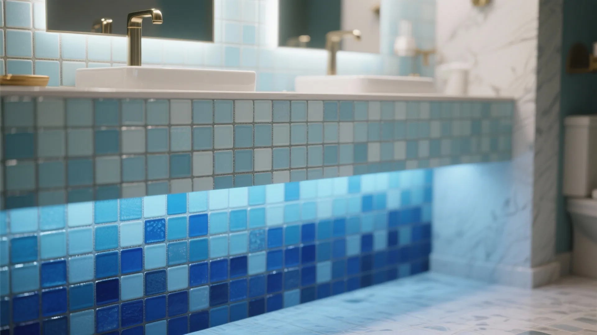 Bathroom vanity with blue mosaic tiles, white square sinks, gold faucets, and blue hidden lighting