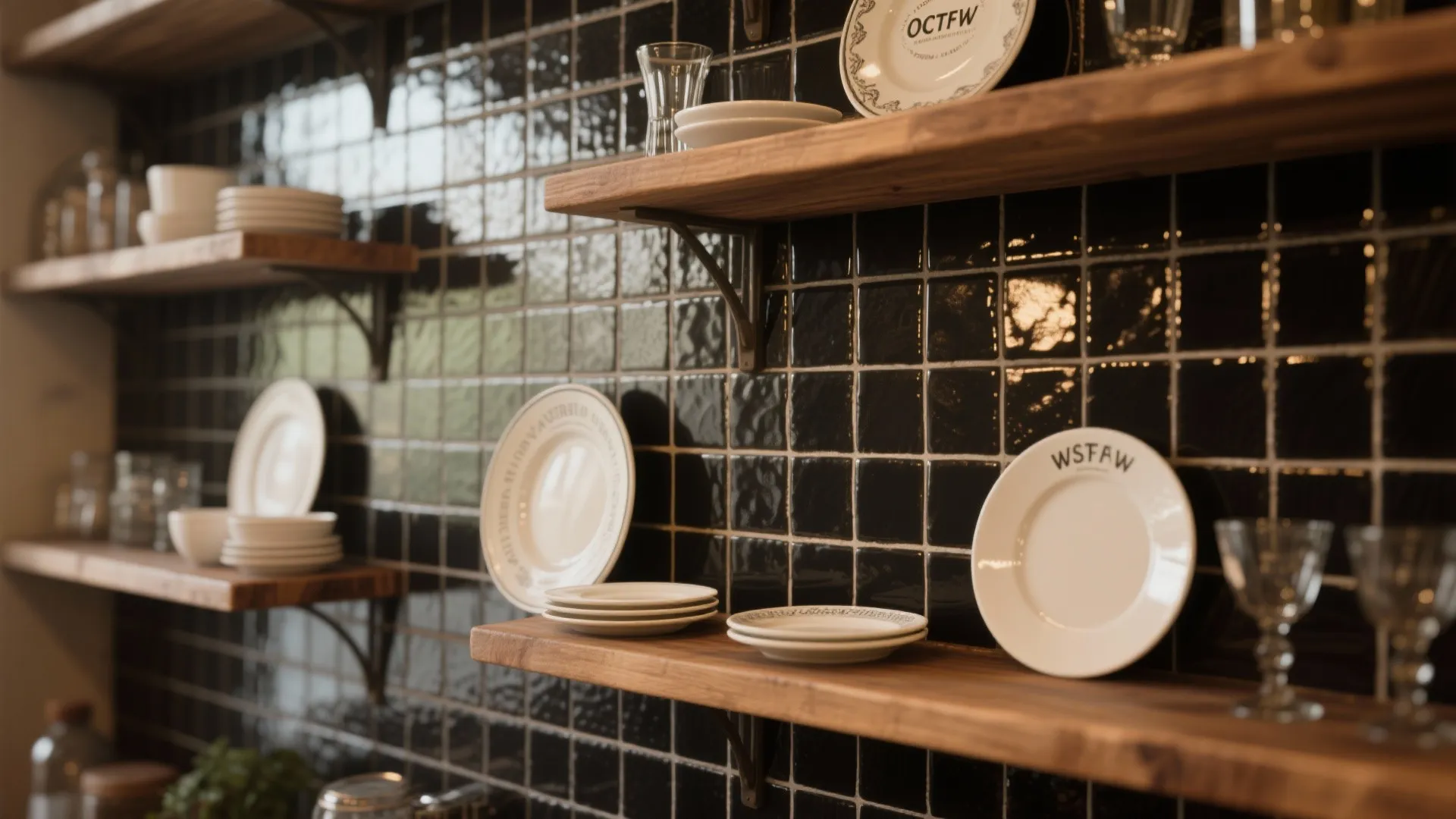 2. Black mosaic behind open shelves