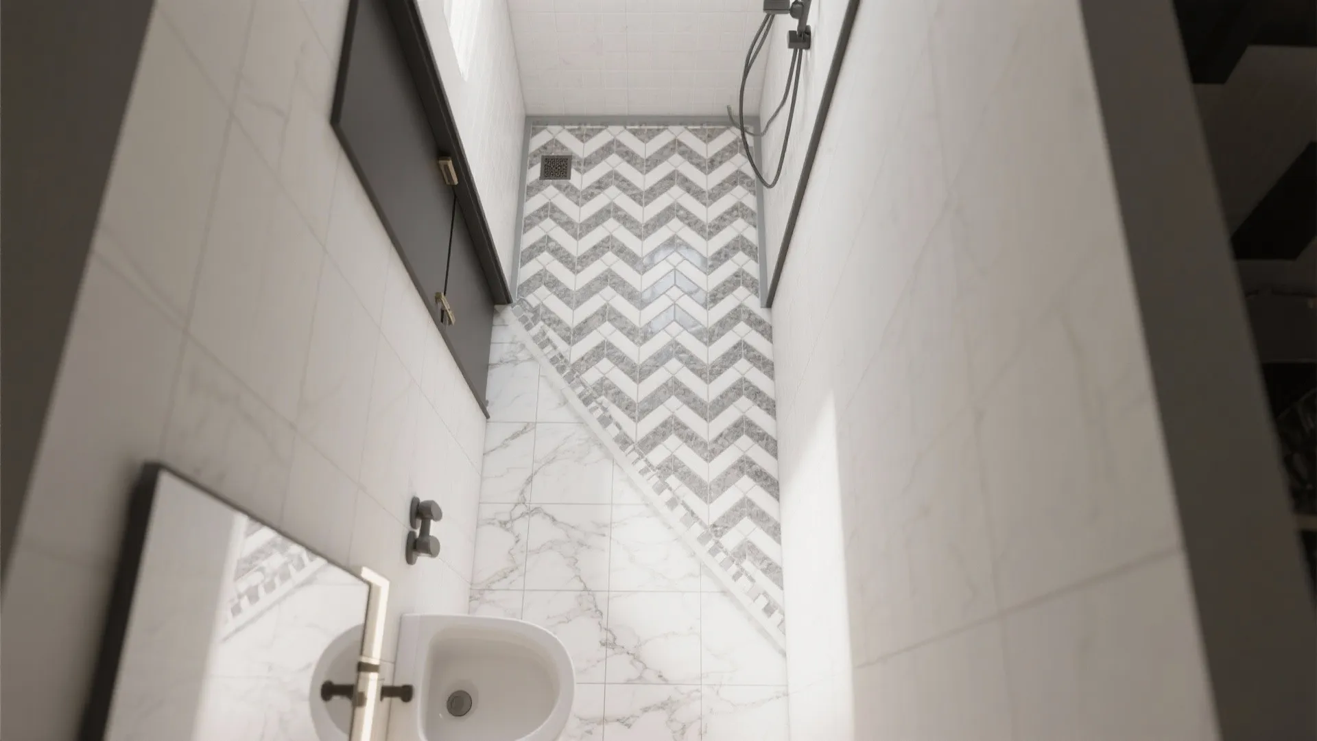 Top-down layout showing a herringbone marble mosaic path guiding movement.