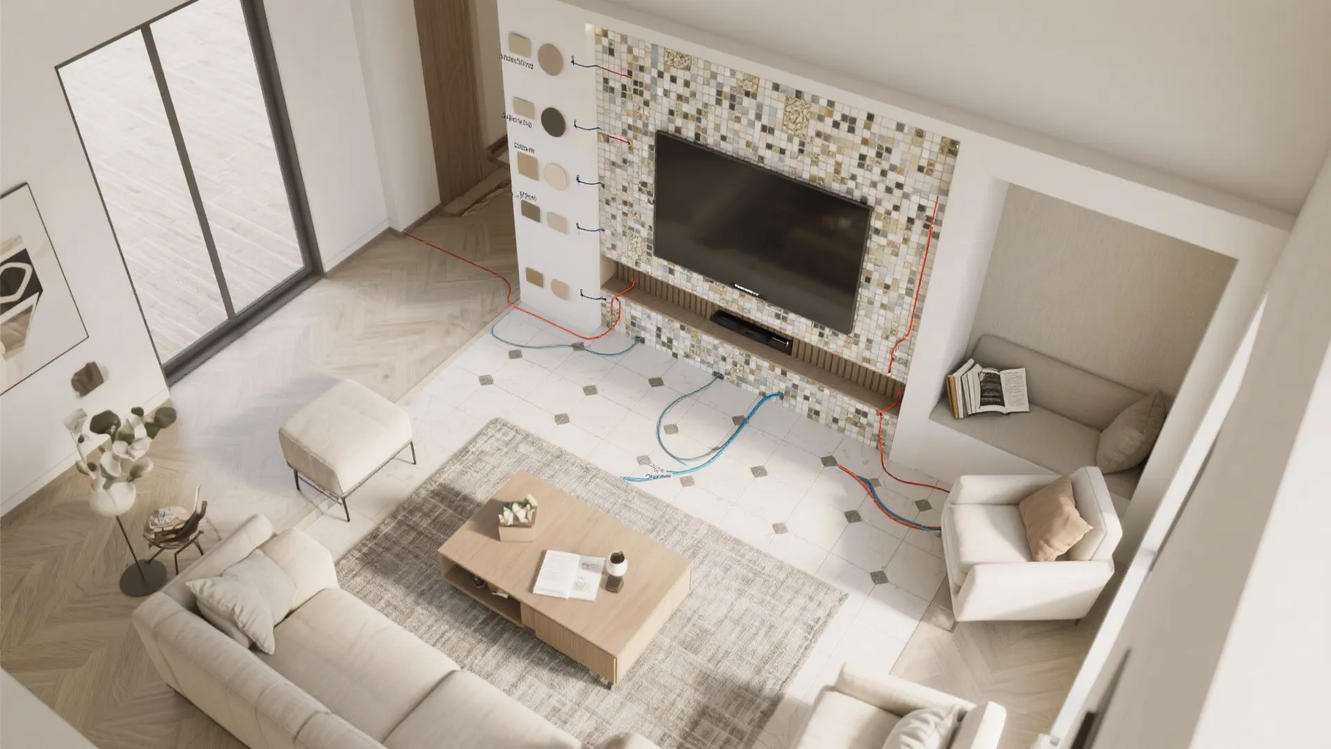 Mosaic accents that frame zones and hide cable chaos