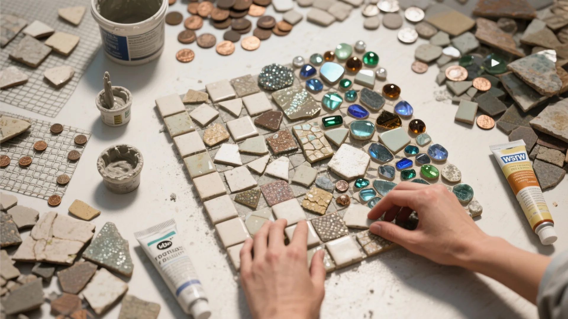 Hands assembling colorful tile mosaic pattern using small ceramic pieces and glass stones on white surface