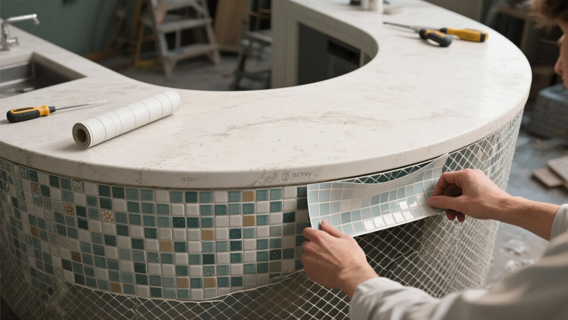 Person applying small mosaic tiles to a curved kitchen island under a white marble stone countertop