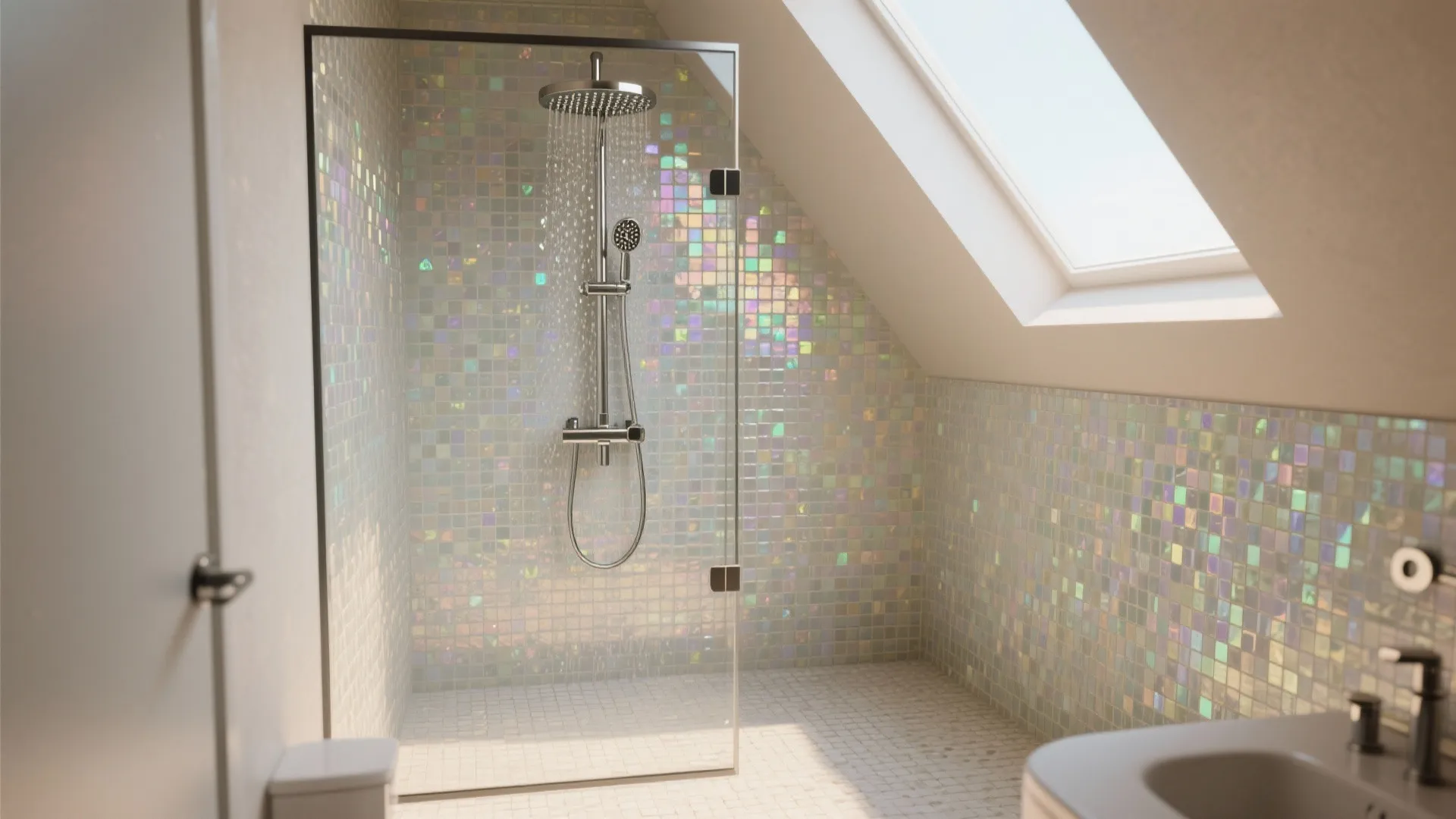 1. All-over glass mosaic for a compact shower