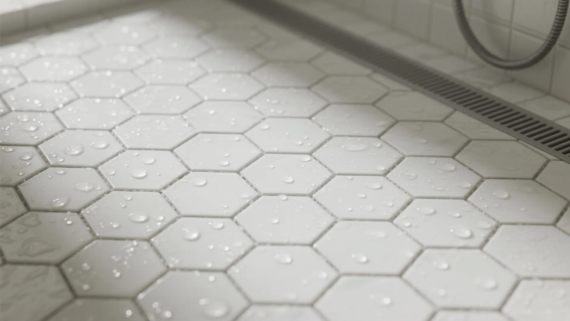White hexagon floor tiles in a shower area covered with water drops next to drain