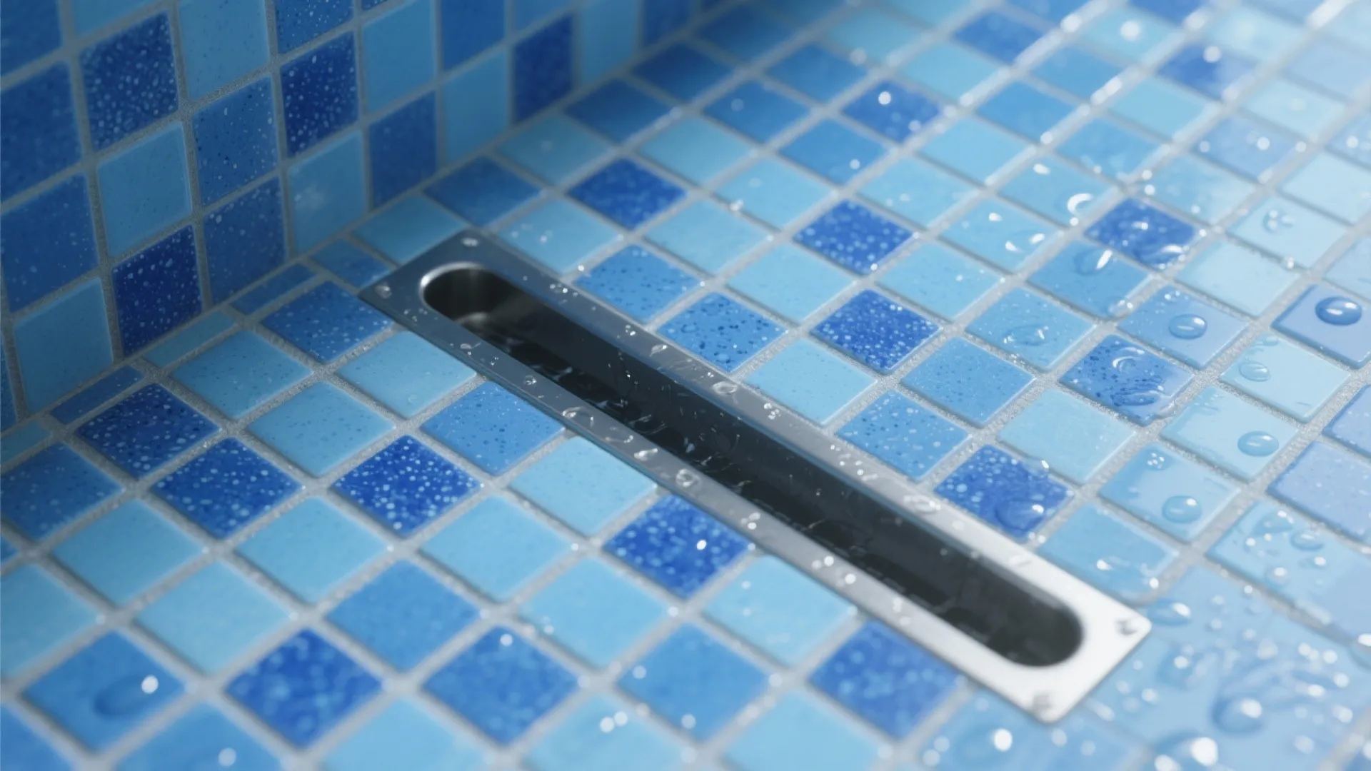Close-up of small blue square tiles on a bathroom floor with a long metal drain