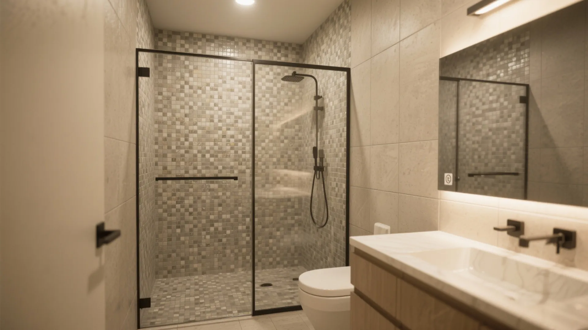 Modern bathroom with mosaic tile shower area glass door white toilet sink and large wall mirror