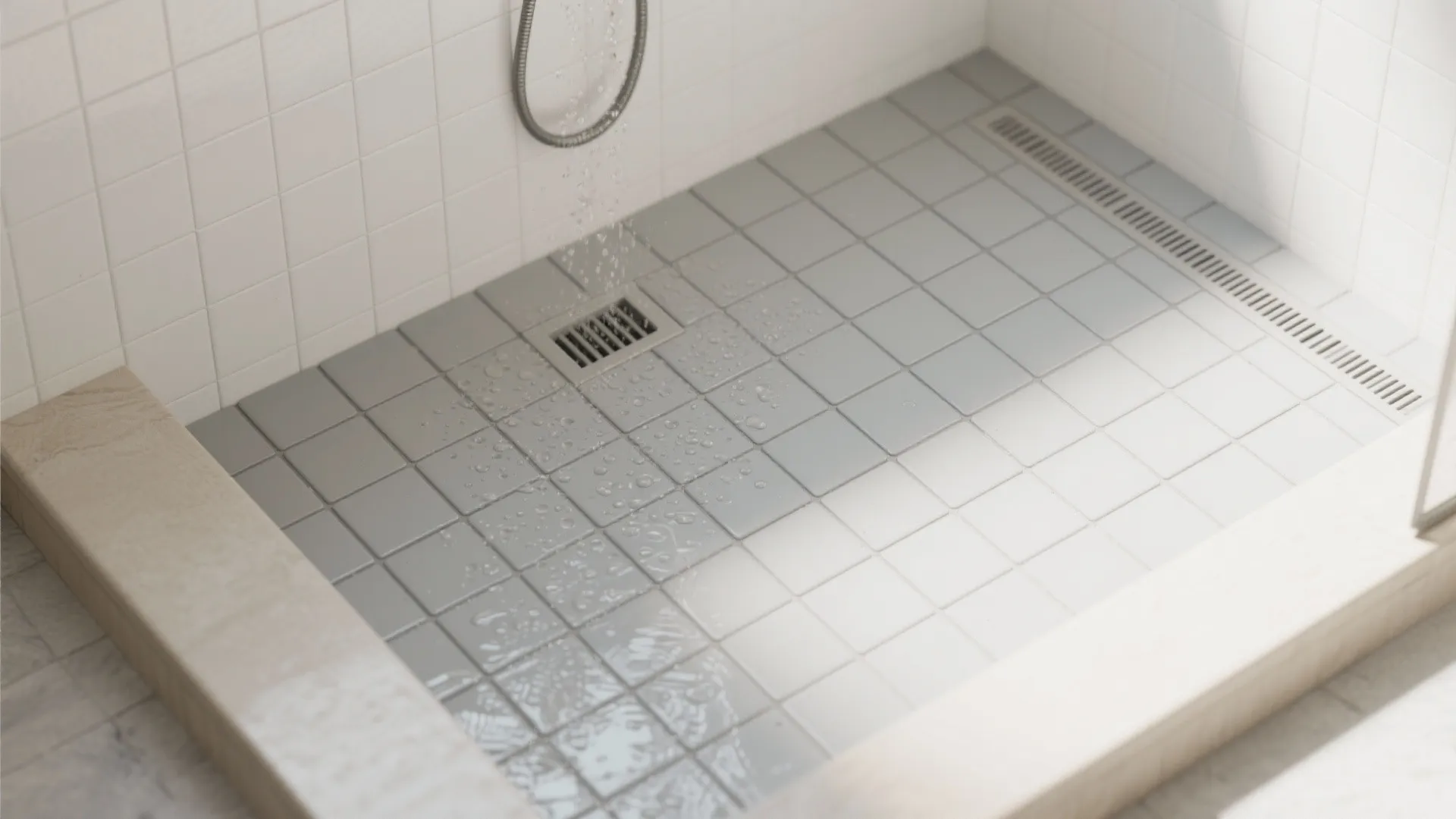 Mosaic shower floors for grip, slope, and detailing