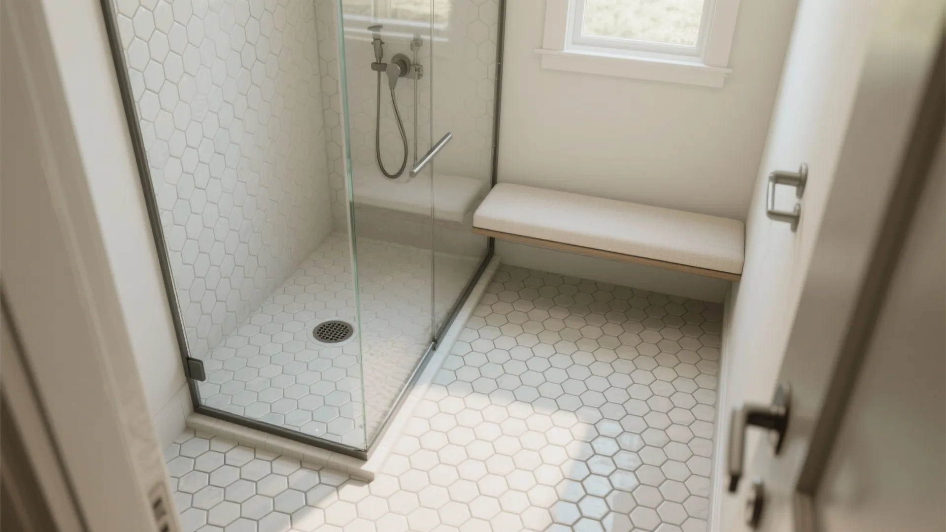 Bathroom design with white hexagon floor tiles glass shower box window and a sitting bench
