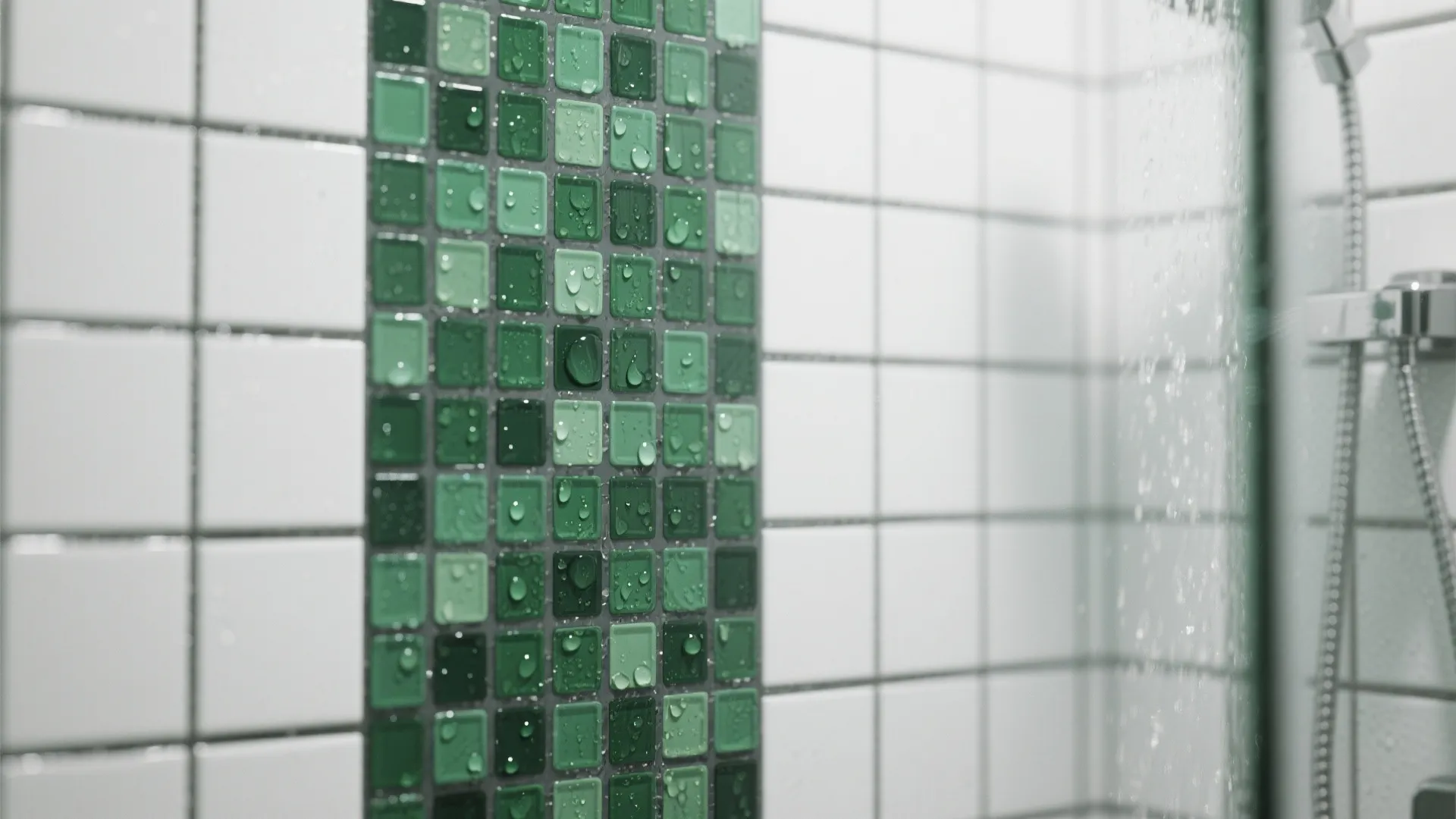 Vertical green mosaic tile accent strip inside a white-tiled shower with darker grout