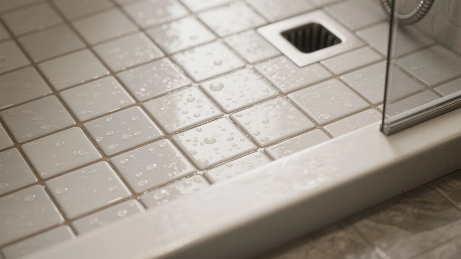 Macro of 2x2 porcelain mosaic shower floor with warm gray epoxy grout and clean slope to the drain.